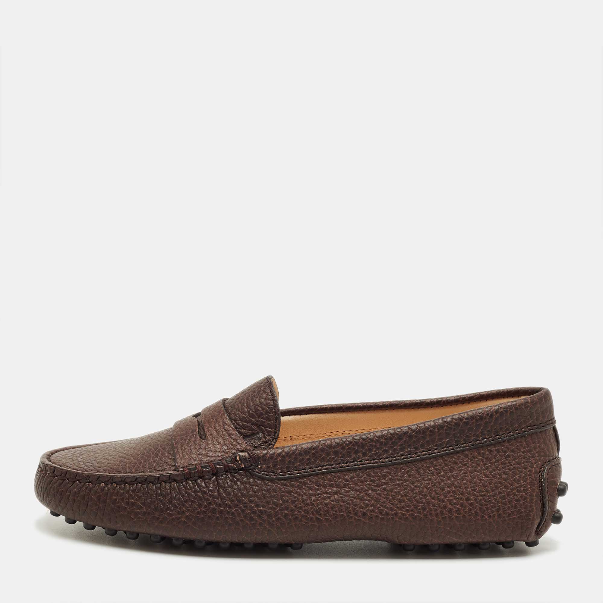 Pre Owned Tod's Dark Brown Leather Gommino Driving Loafers Size 33