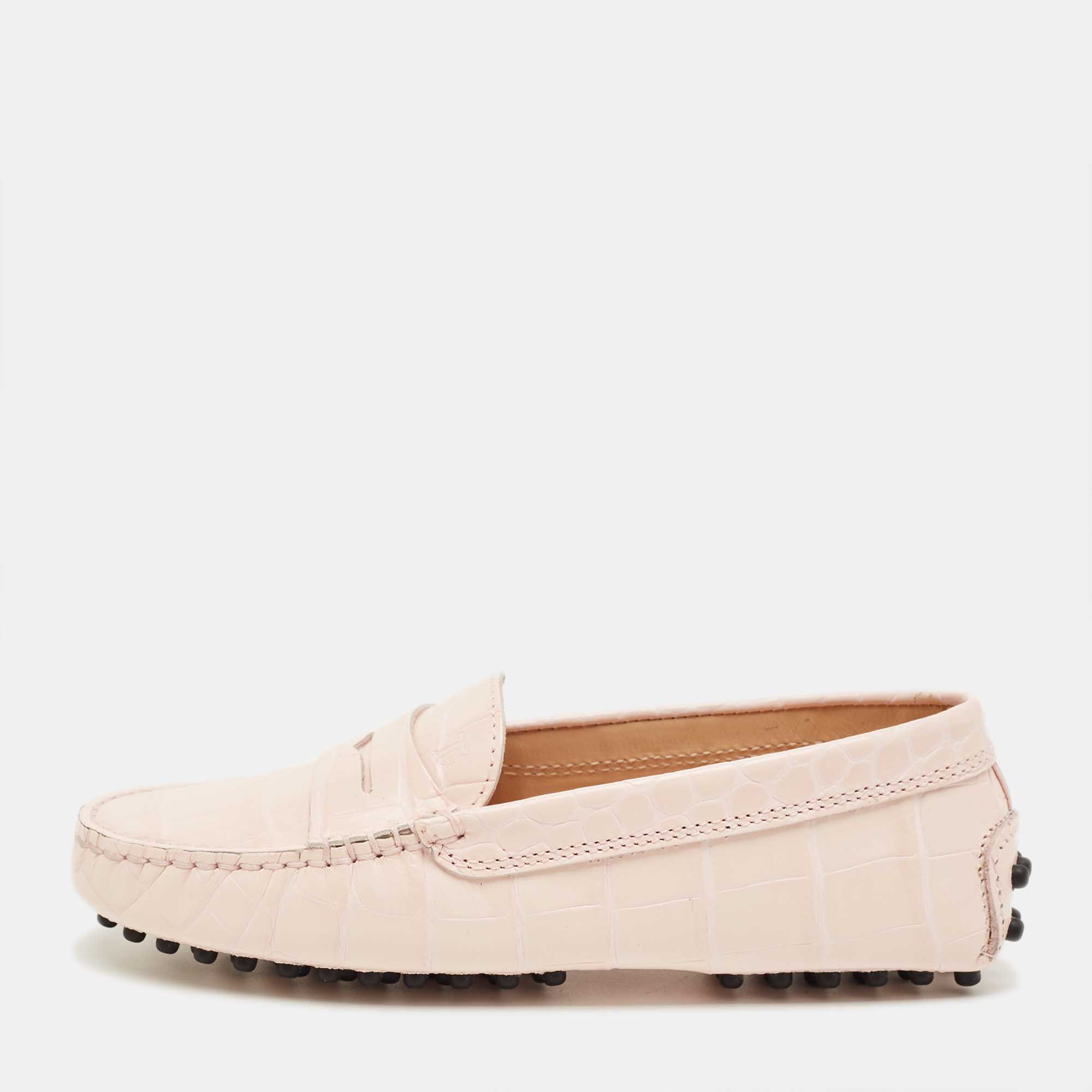 Pre Owned Tod's Pink Croc Embossed Leather Gommino Driving Loafers Size 32