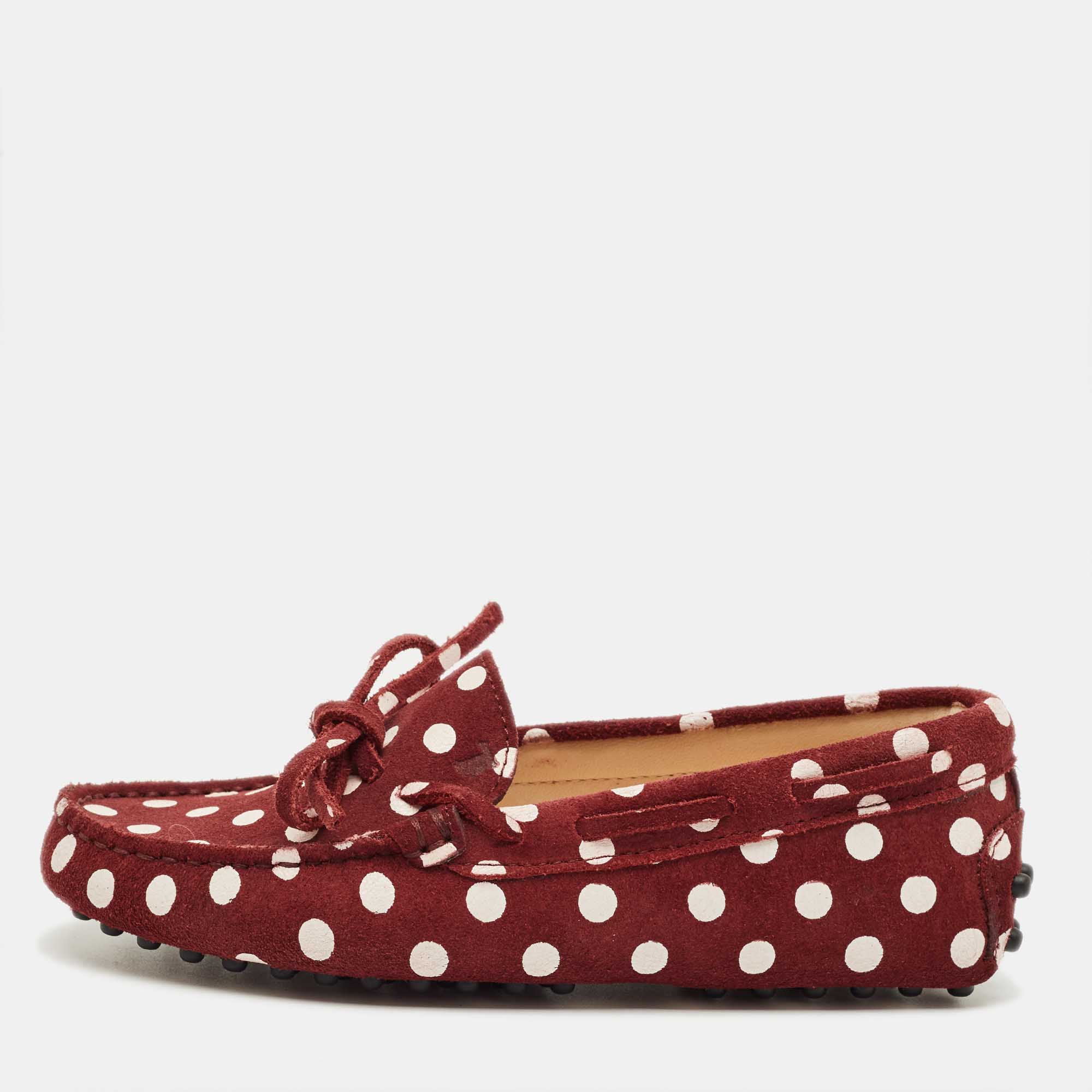 Pre Owned Tod's Burgundy/Pink Polka Dot Suede Driving Loafers Size 31