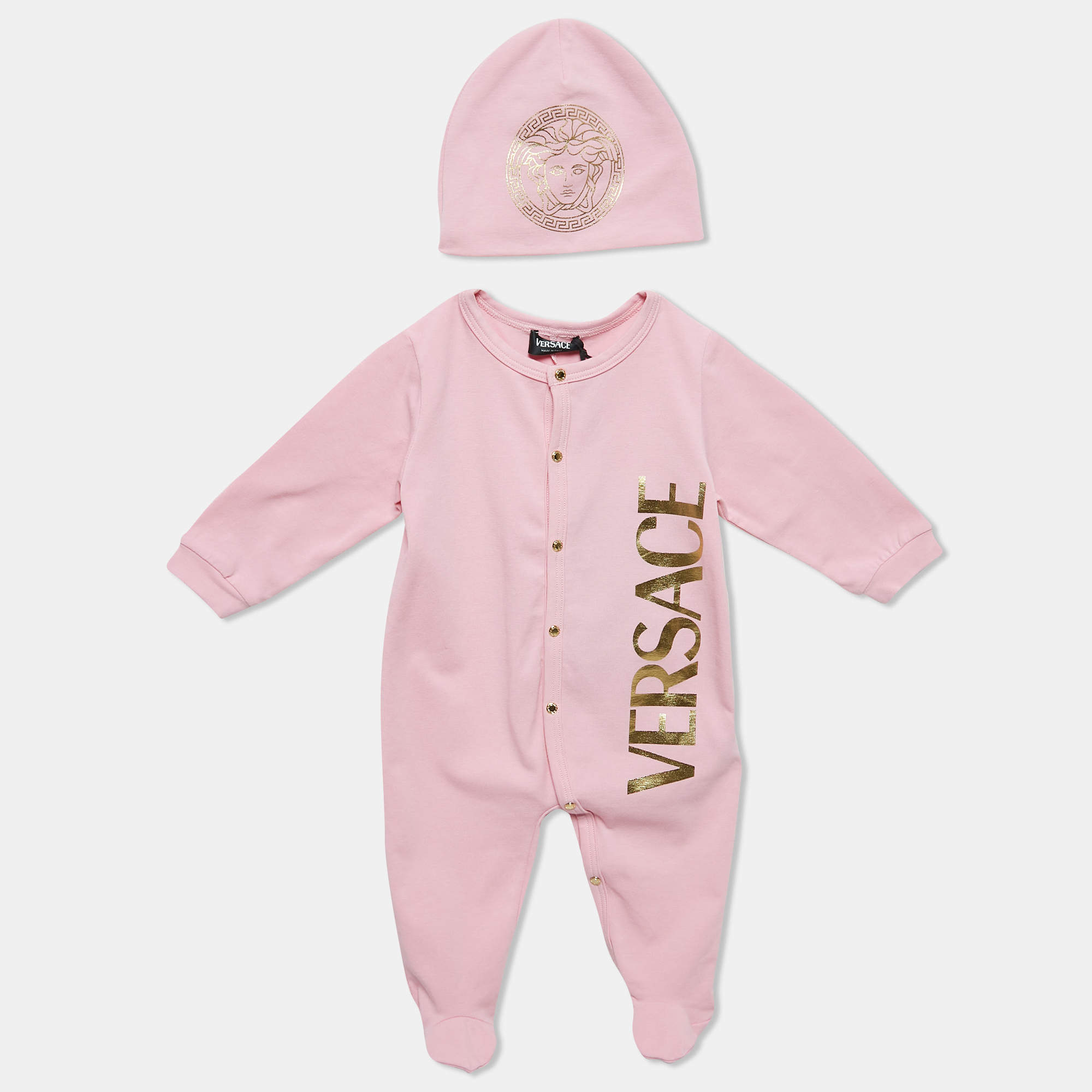 Pre Owned Versace Pink Logo Print Baby Sleepsuit With Cap