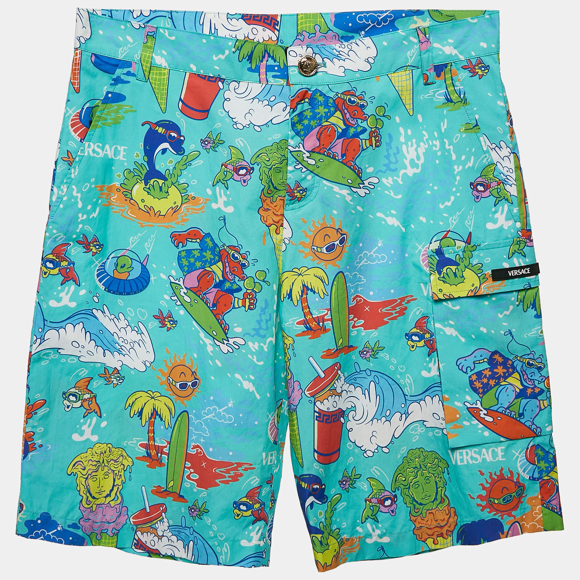 Versace Kids Mint Blue Printed Poplin Shorts 14 Yrs