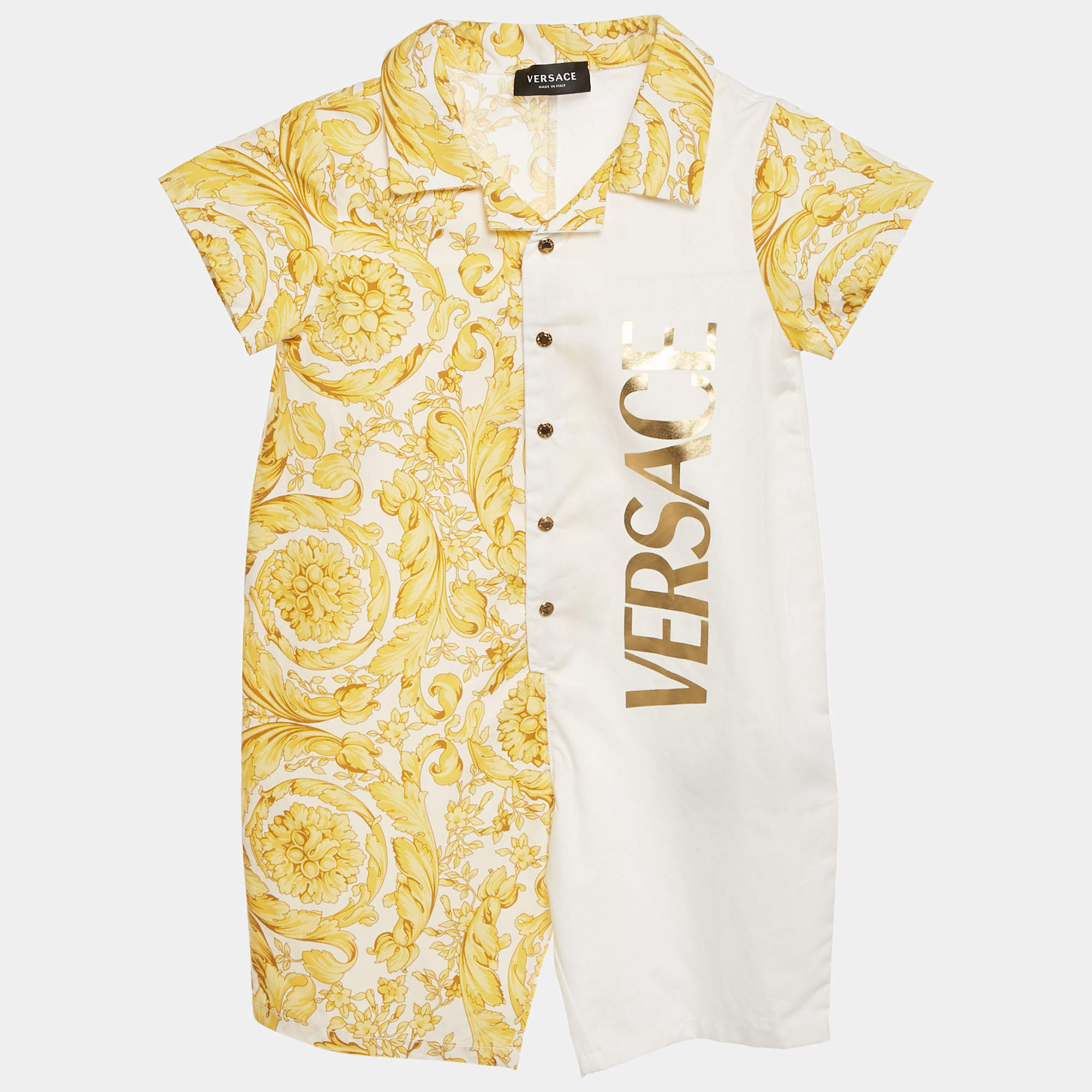 Pre Owned Versace Kids Yellow Barrocco Print Cotton Romper 12-18M