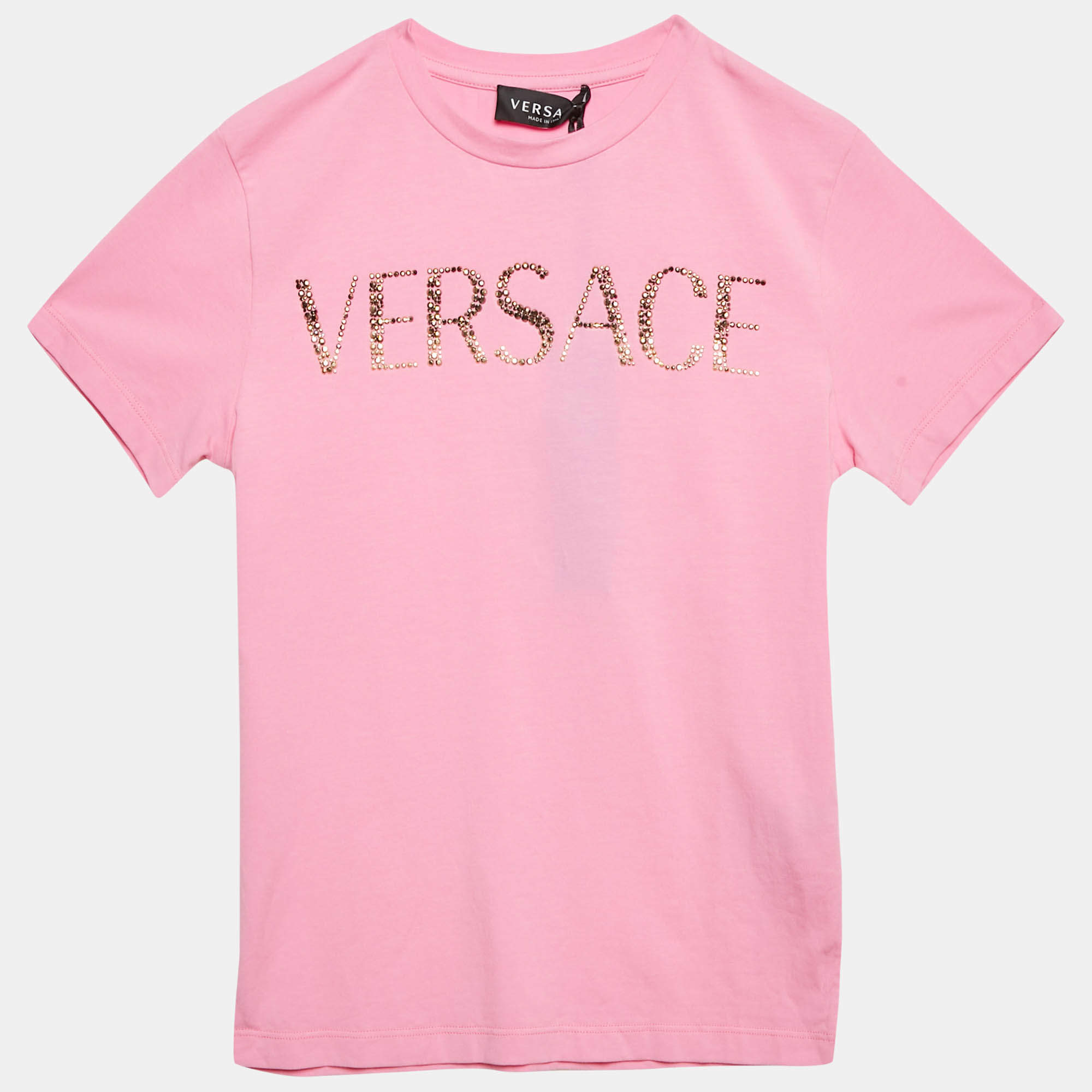 Versace Kids Pink Logo Studded Cotton Crew Neck T-Shirt 10 Yrs