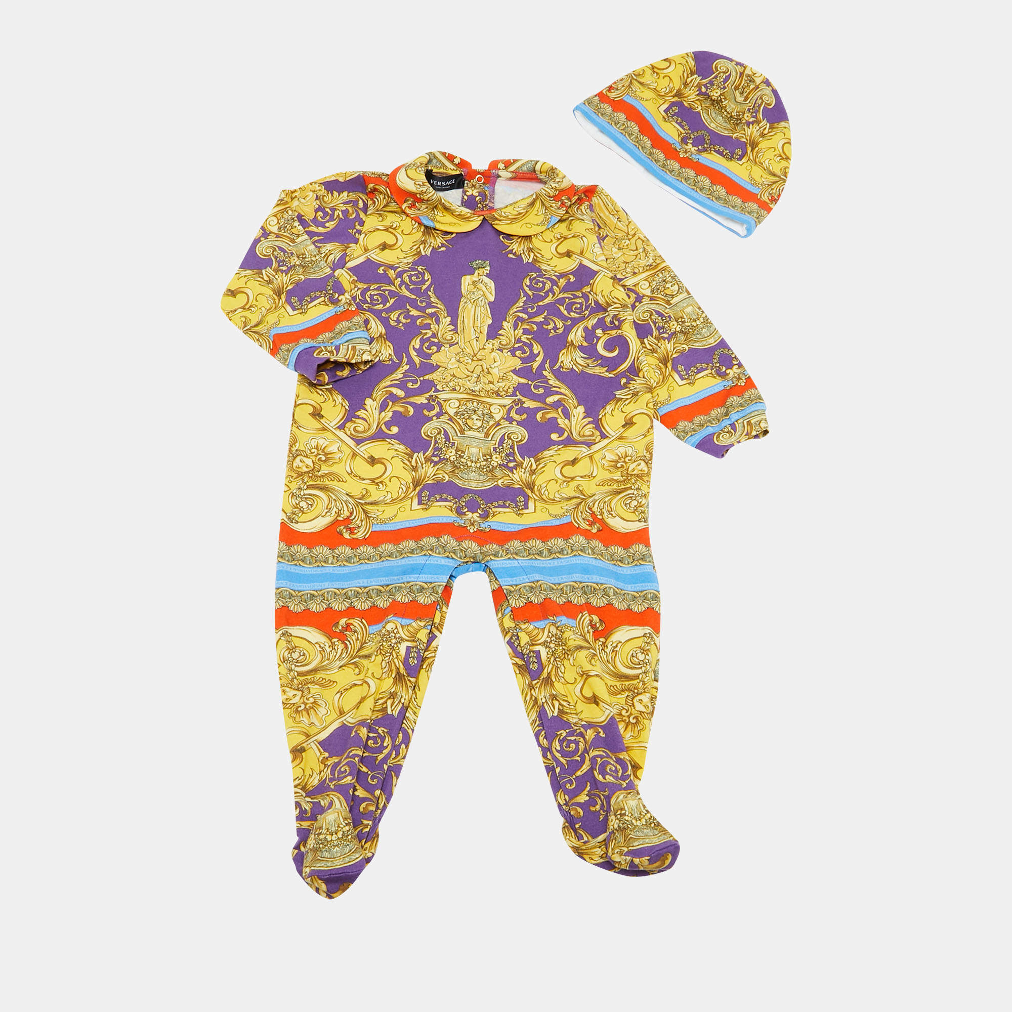 Pre Owned Versace Baby Yellow/Purple Barocco Print Jersey Babygrow Set 12/18M
