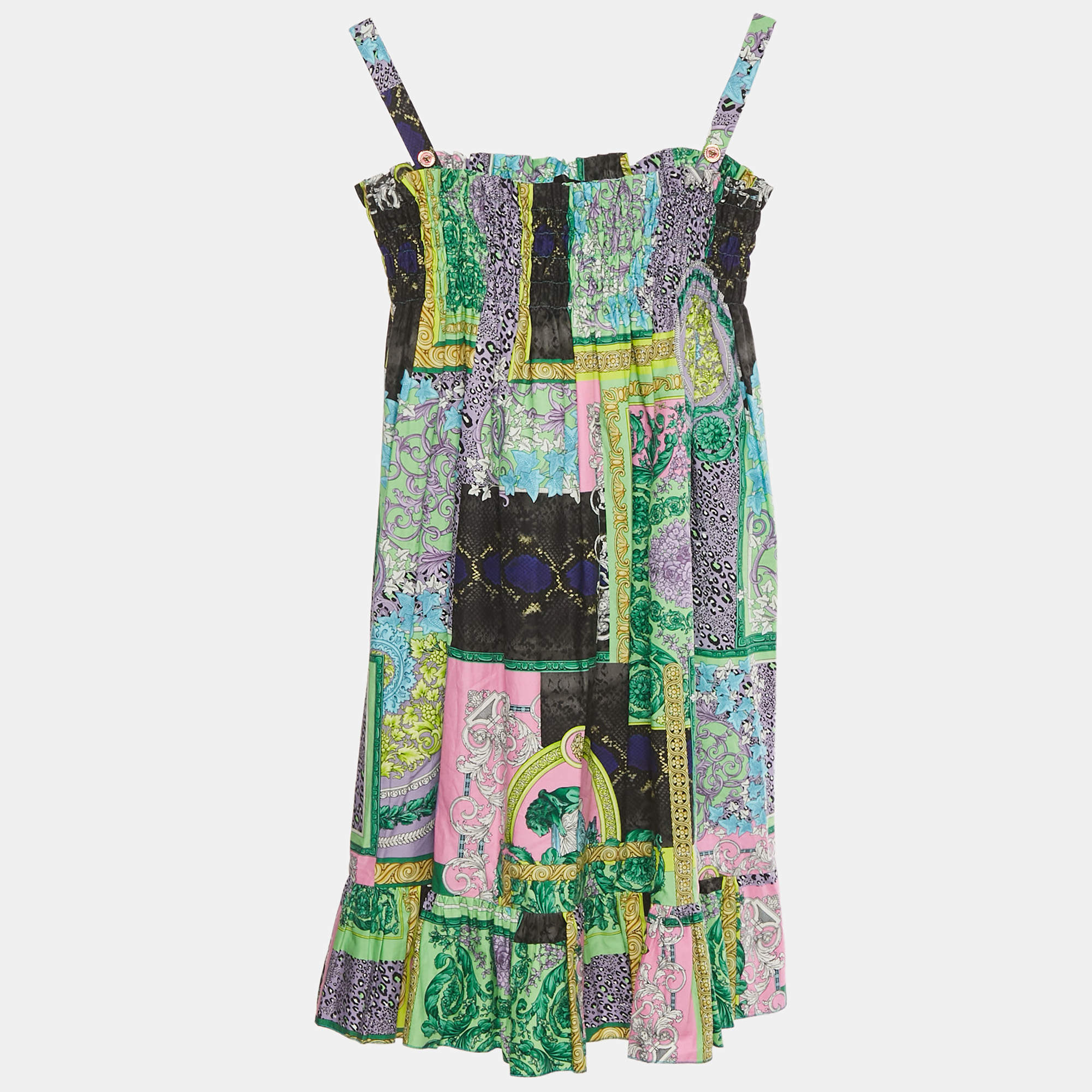 Pre Owned Versace Kids Green Barocco Print Cotton Shirring Dress 8Yrs 