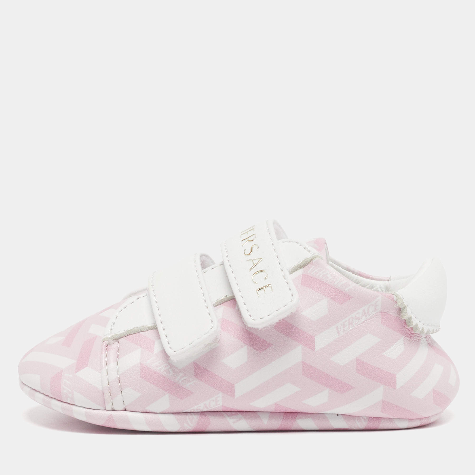 Pre Owned Versace La Greca Size 16 Pink/White Leather Sneakers