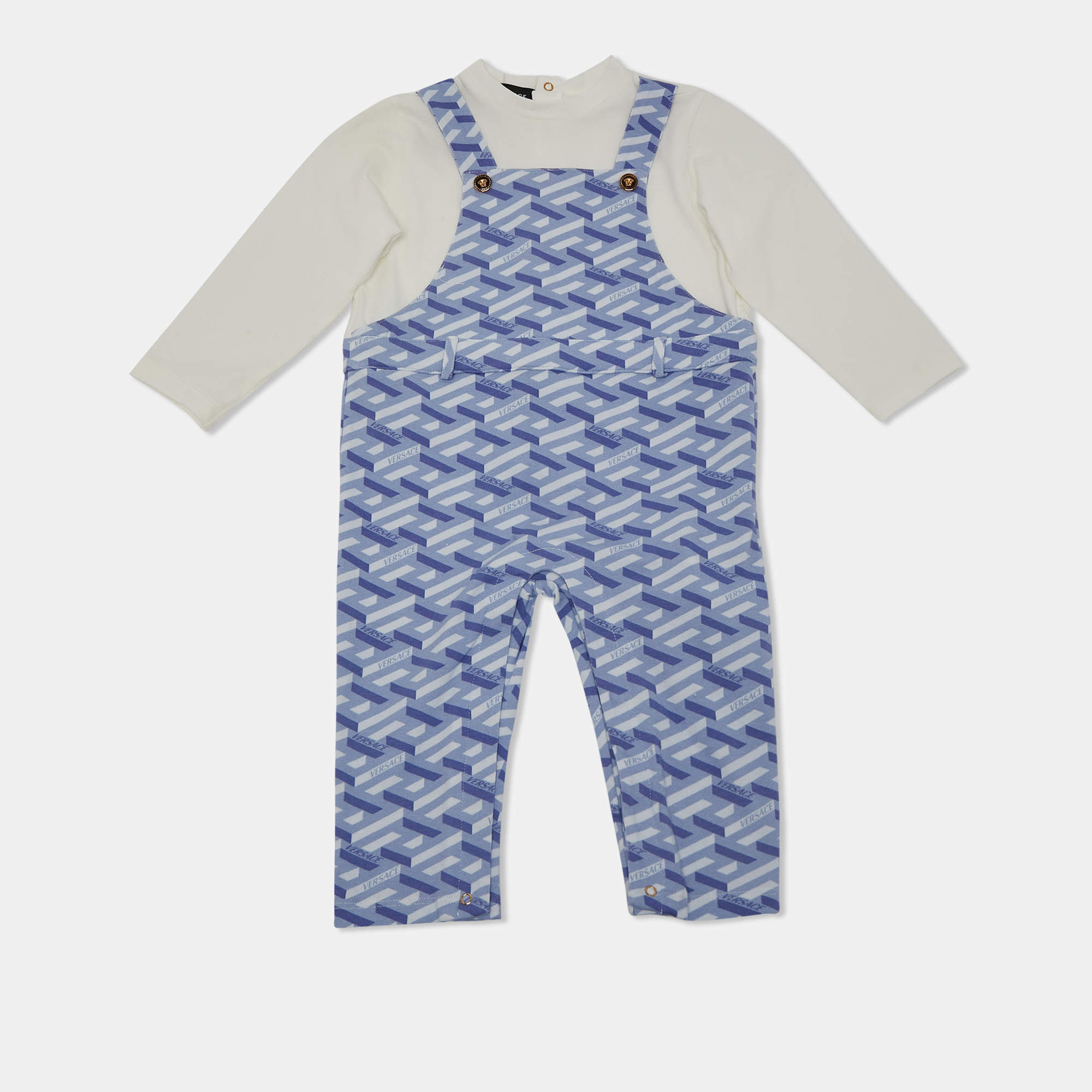 Versace Kids Blue La Greca Print Cotton Knit Jumpsuit 9-12 M