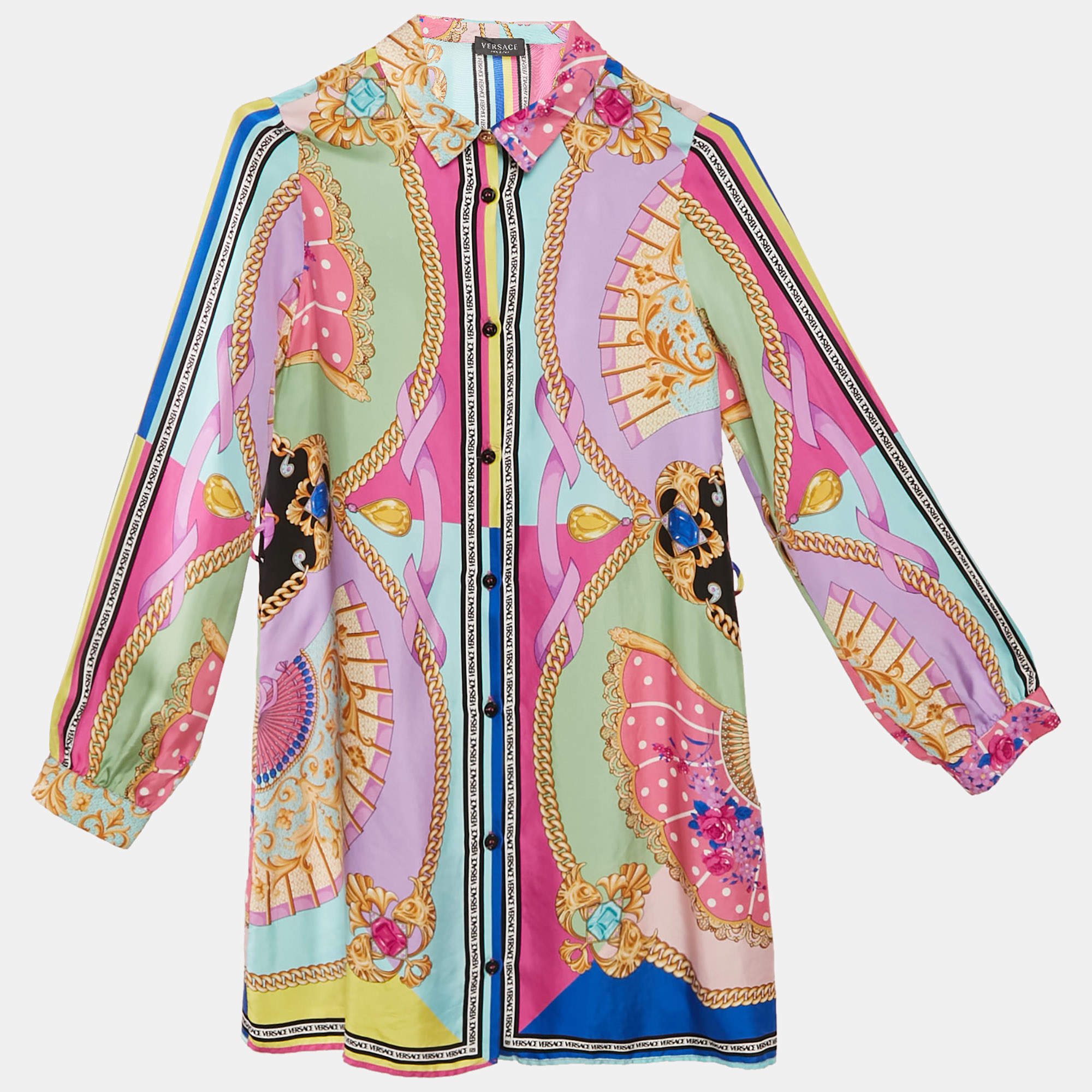 Pre Owned Versace Multicolor Ventagli Print Silk Shirt Dress 12 Yrs
