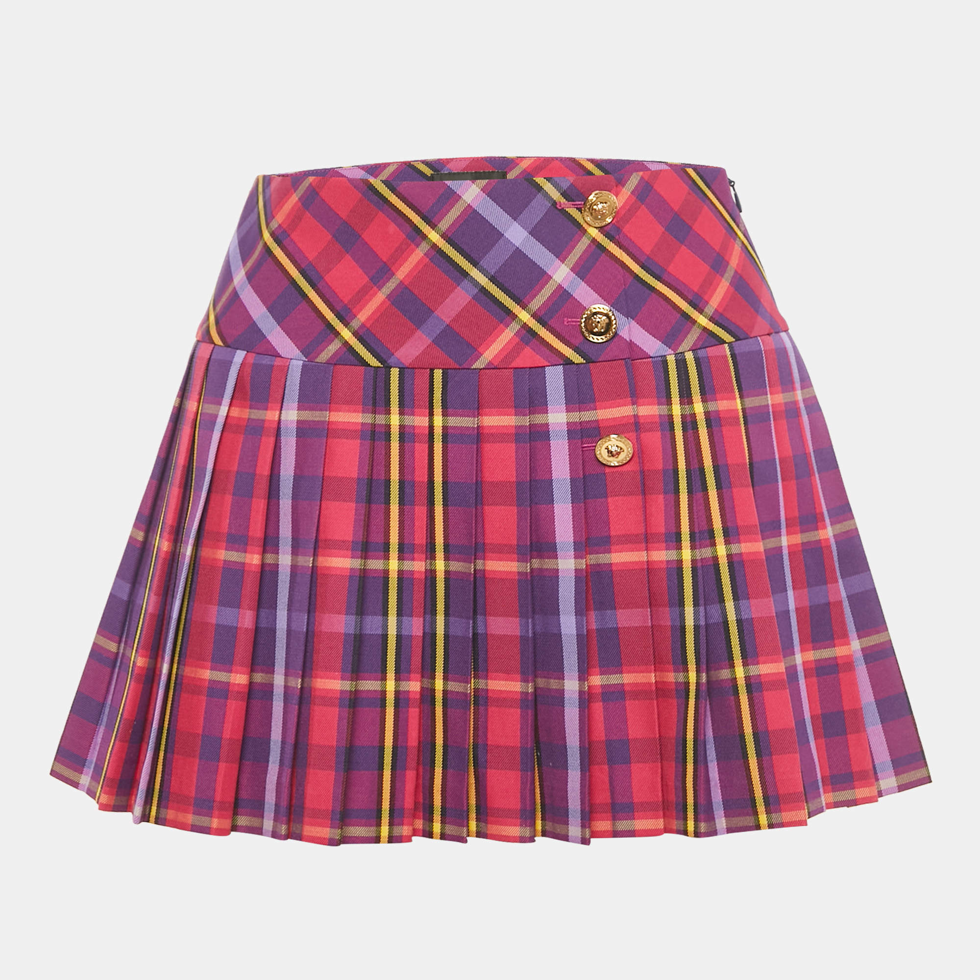 Pre Owned Versace Purple/Multicolor Plaid Cotton Blend Pleated Skirt 10 Yrs