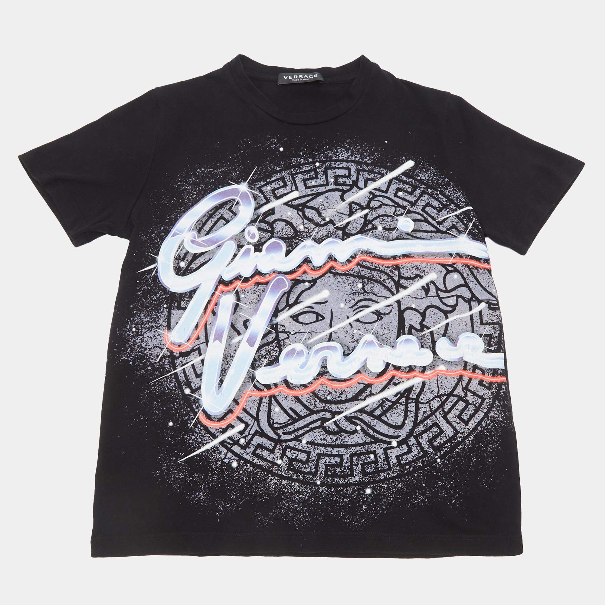 Pre Owned Versace Kids Black Signature Print Cotton T-Shirt 10Yrs