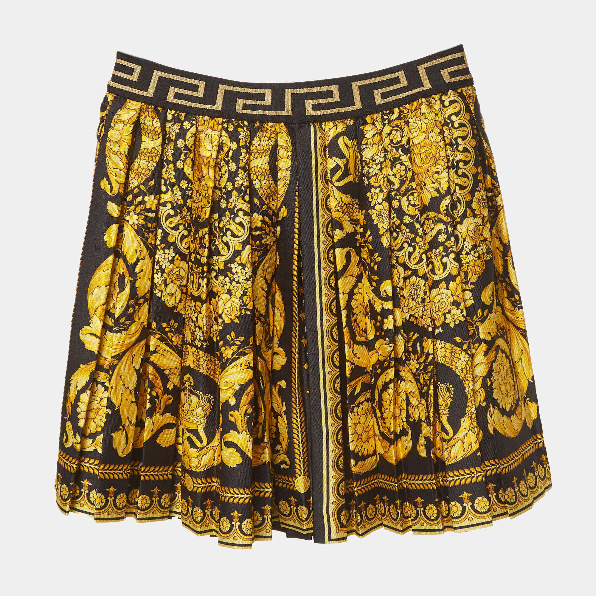 Pre Owned Versace Kids Black Barocco Print Silk Pleated Mini Skirt 8Yrs