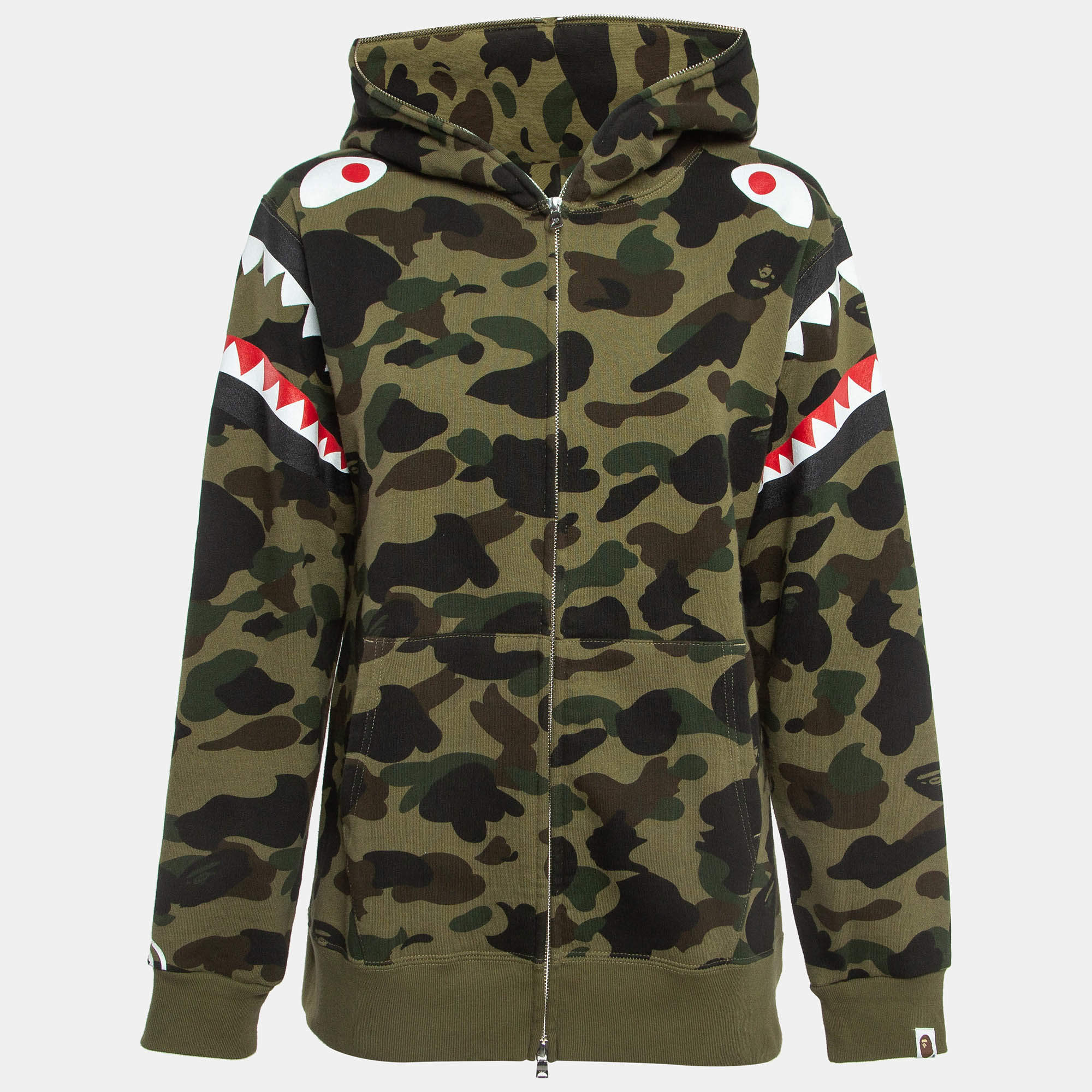 A Bathing Ape Green Camo and Shark Printed Hoodie L