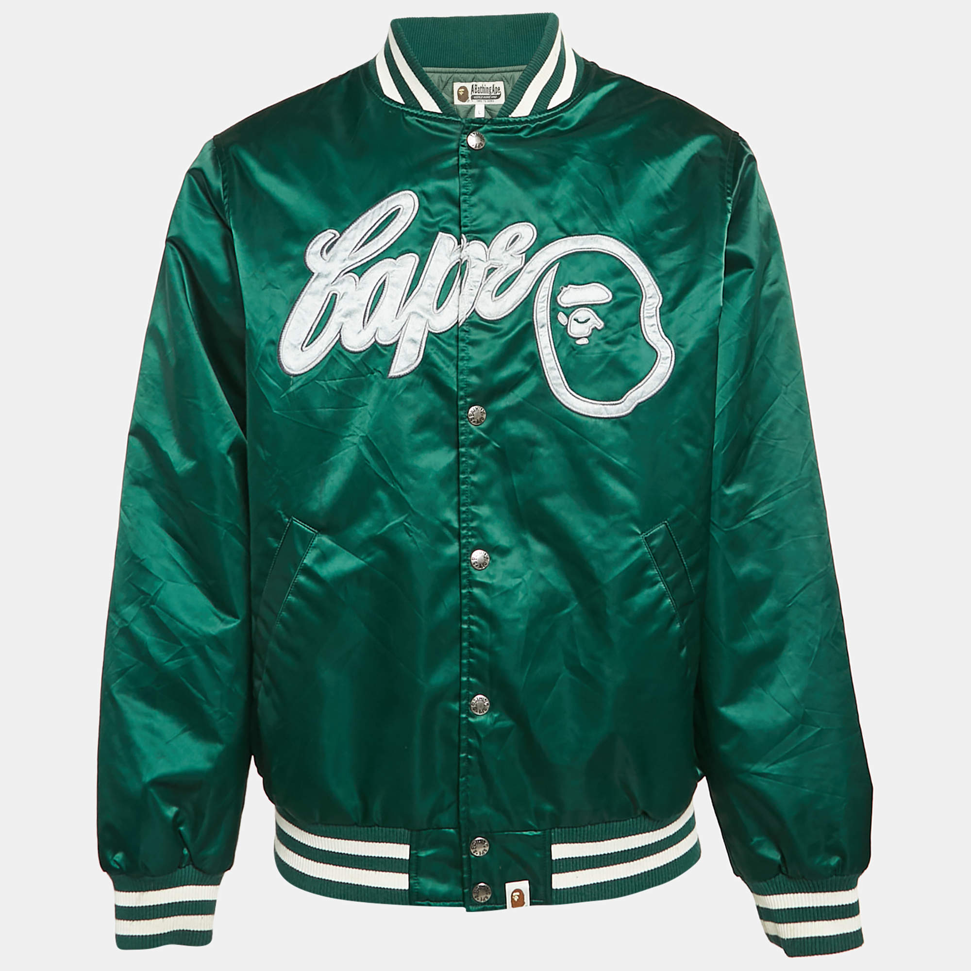 A Bathing Ape Green Nylon Bape Baseball Jacket L