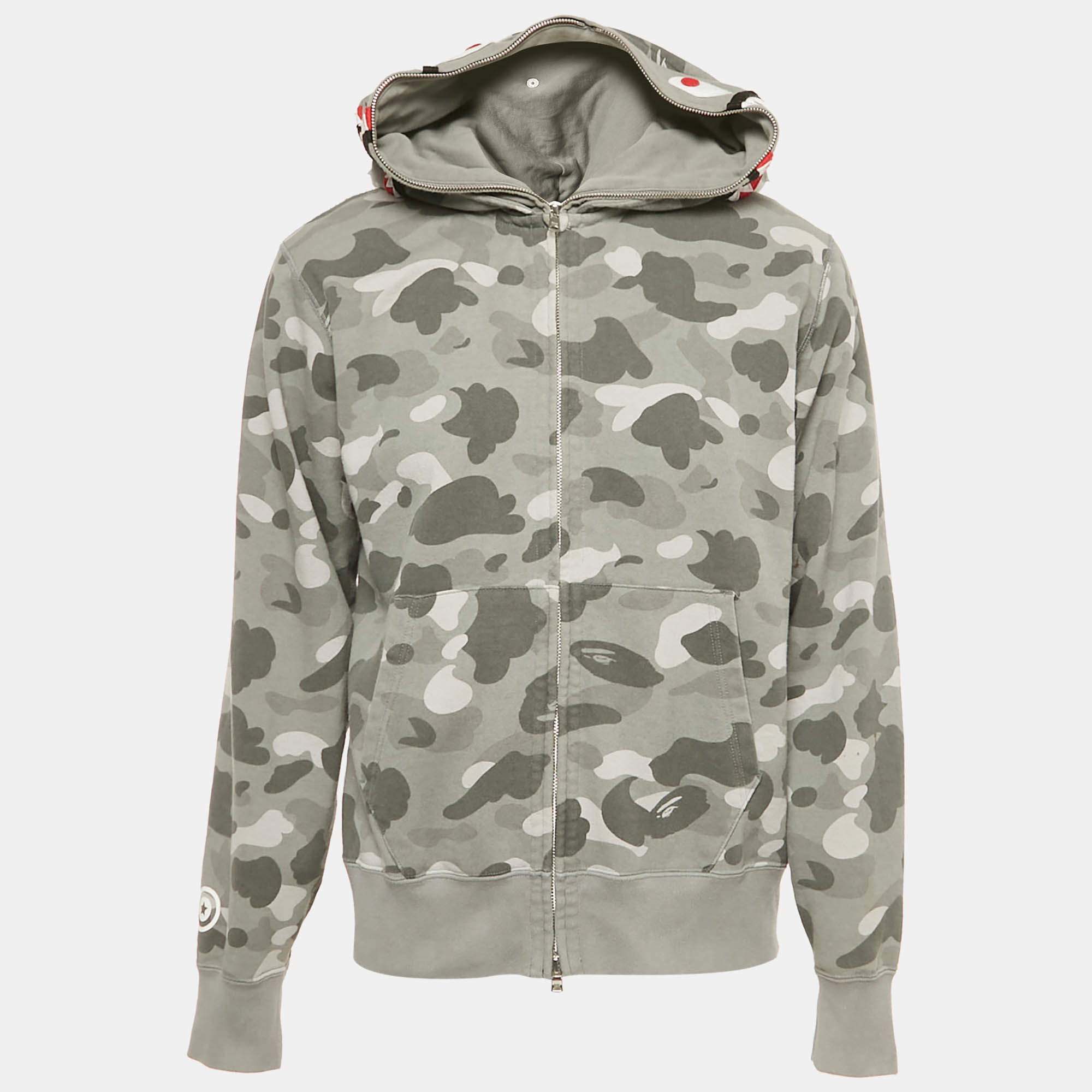 Pre Owned A Bathing Ape Grey Cotton Camo Shark Full Zip Hoodie L