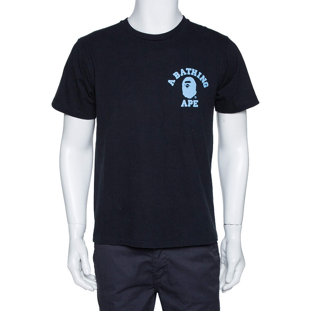 Pre Owned A Bathing Ape Black Logo Print Washed Cotton Crew Neck T-Shirt M
