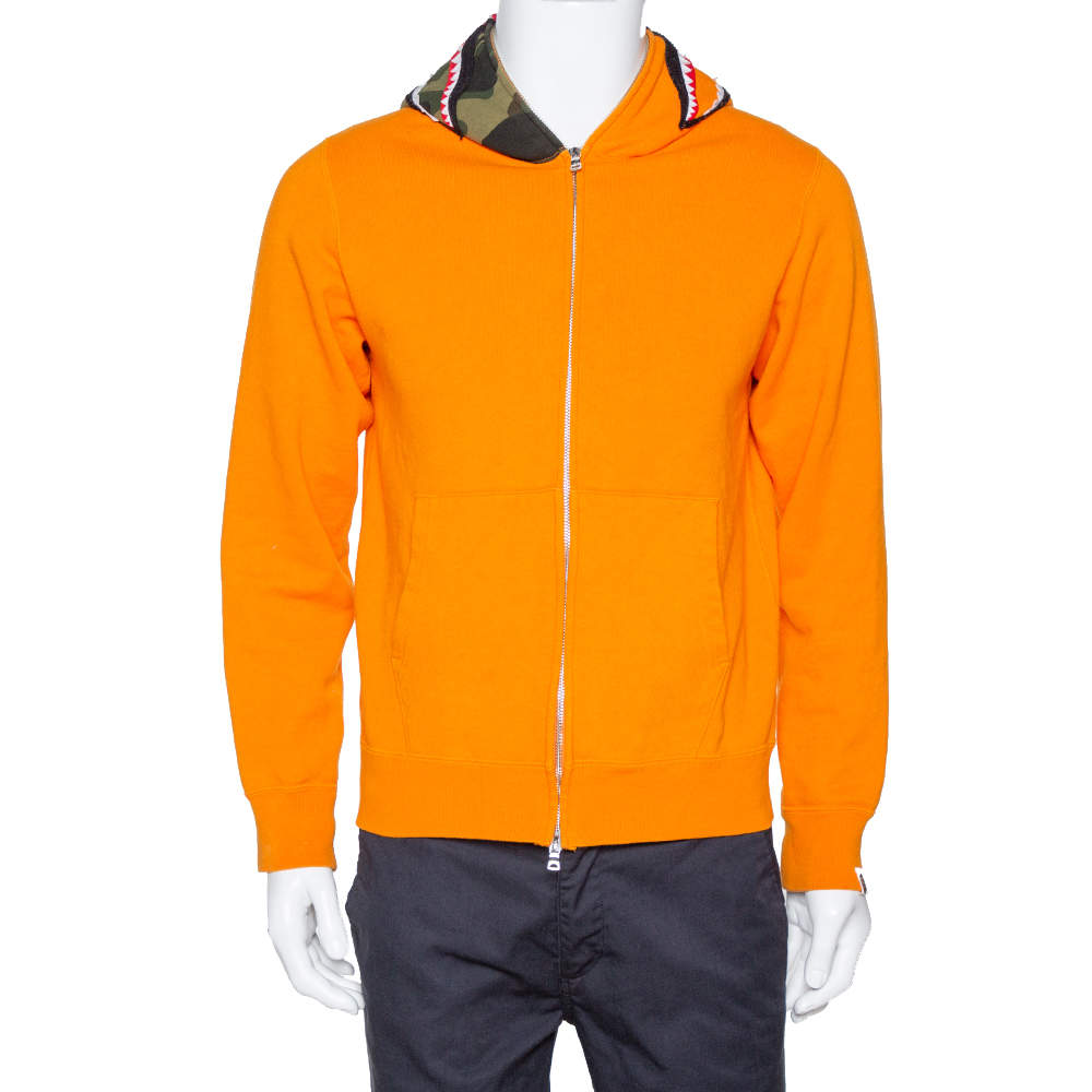A Bathing Ape Orange Knit Camouflage Shark Zipper Front Hoodie M