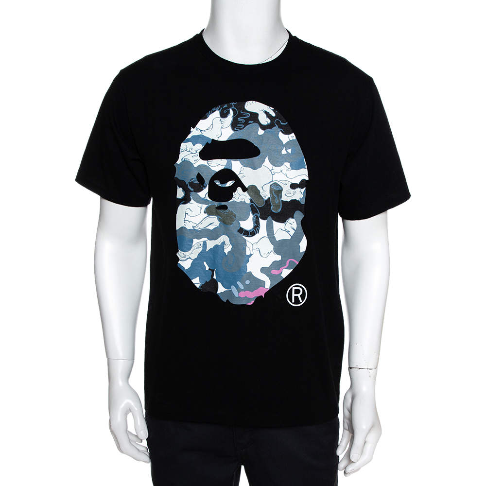 Pre Owned A Bathing Ape Black Graphic Print Crew Neck T Shirt L 