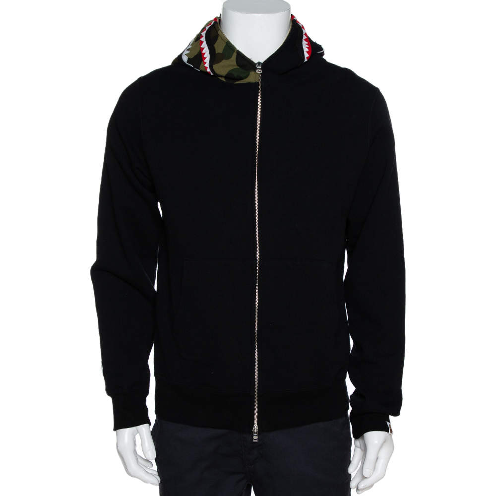 A Bathing Ape Black Cotton Knit Zip Front Shark Hoodie L 