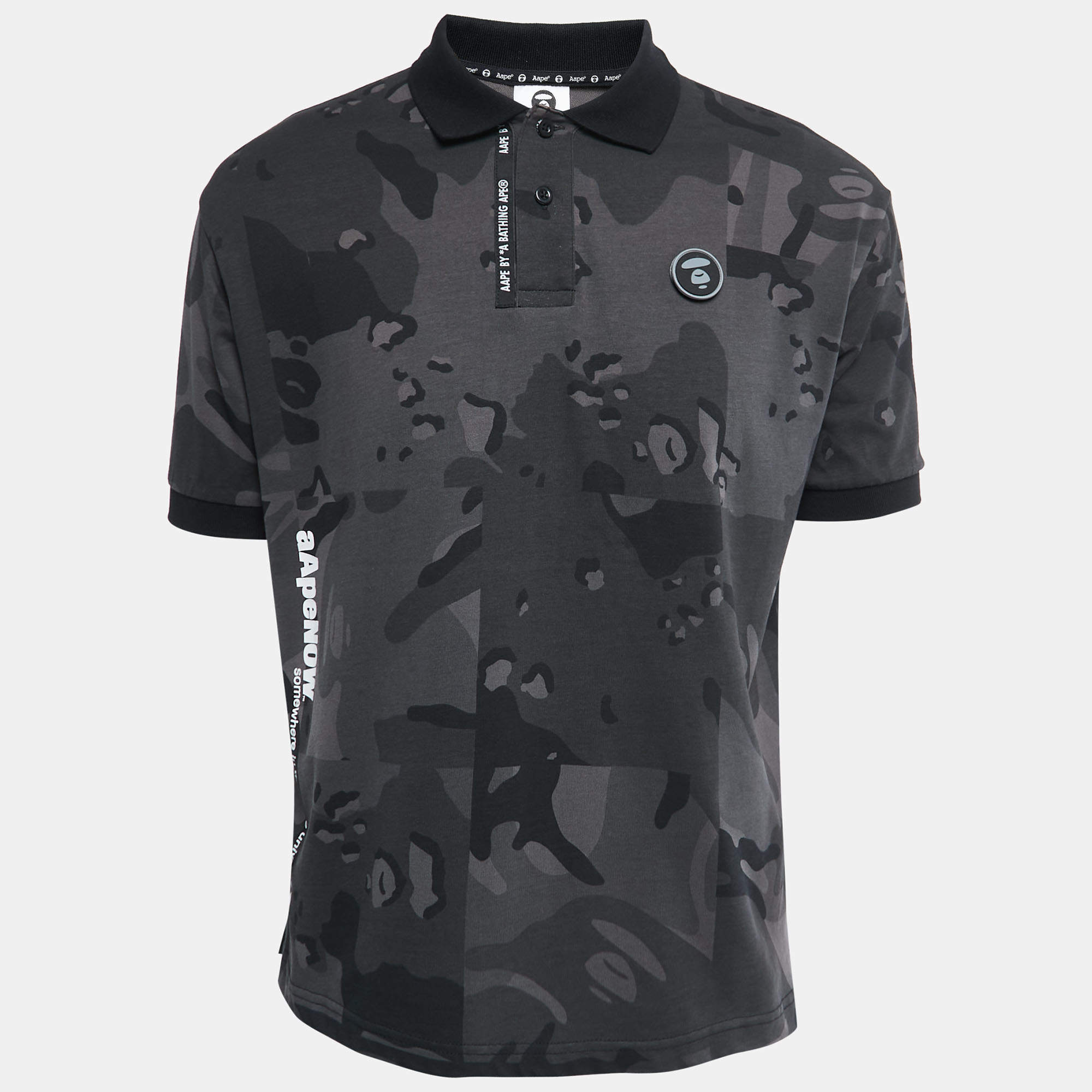 Pre Owned A Bathing Ape Grey Military Print Cotton Polo T-Shirt S