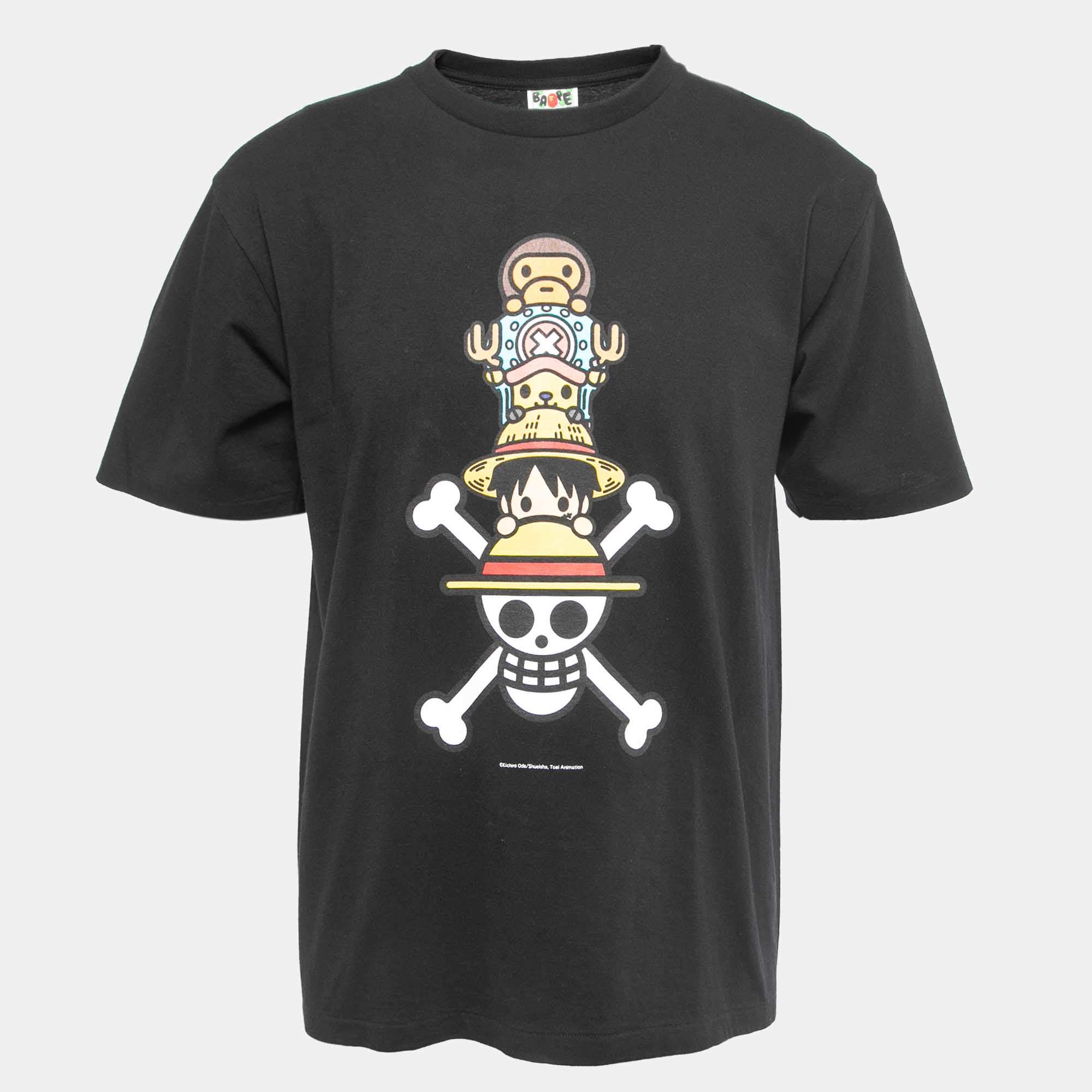 A Bathing Ape Black Print Cotton Crew Neck Half Sleeve T-Shirt XL
