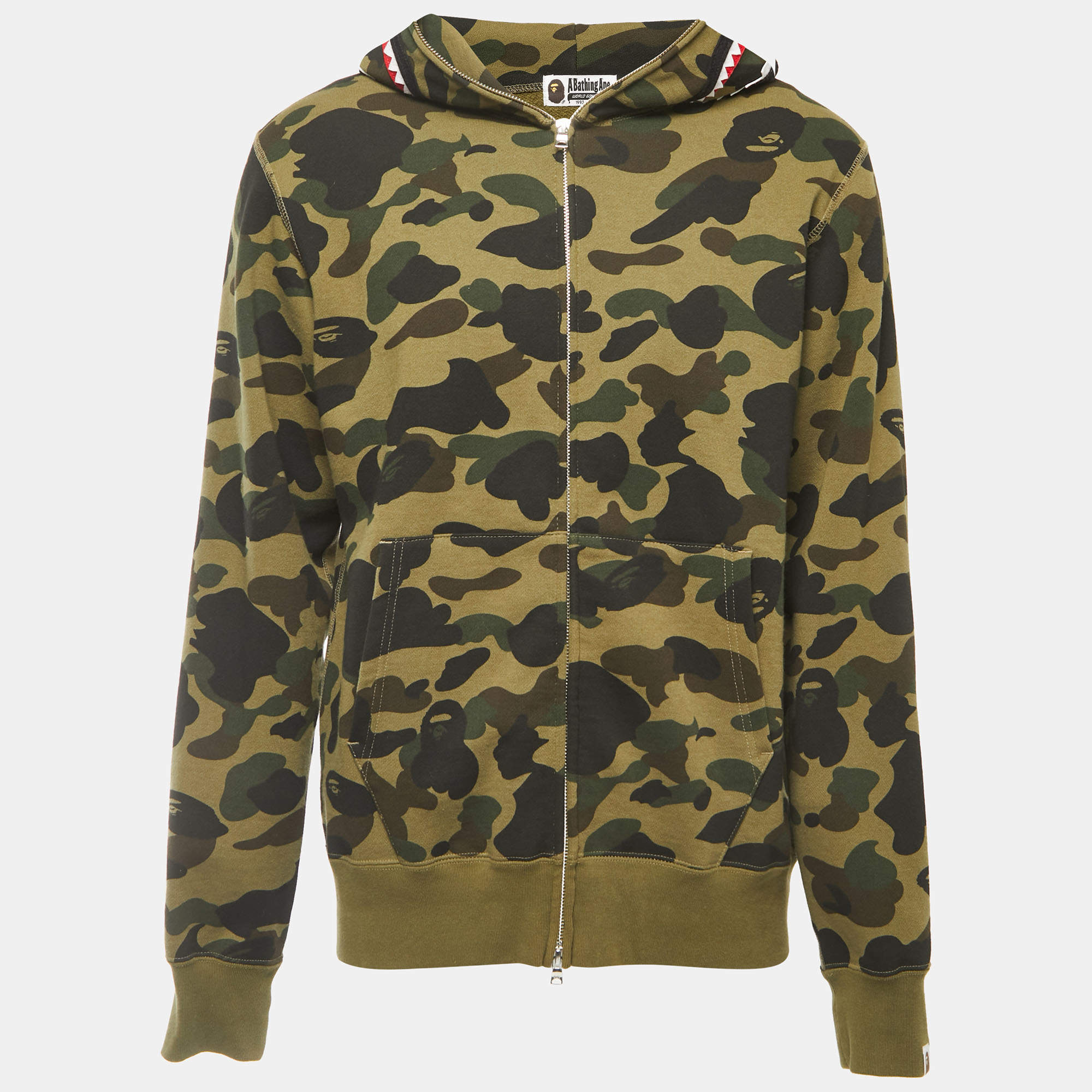 A Bathing Ape Military Green Camo Print Cotton Shark Head Hood Zip Front Jacket XL