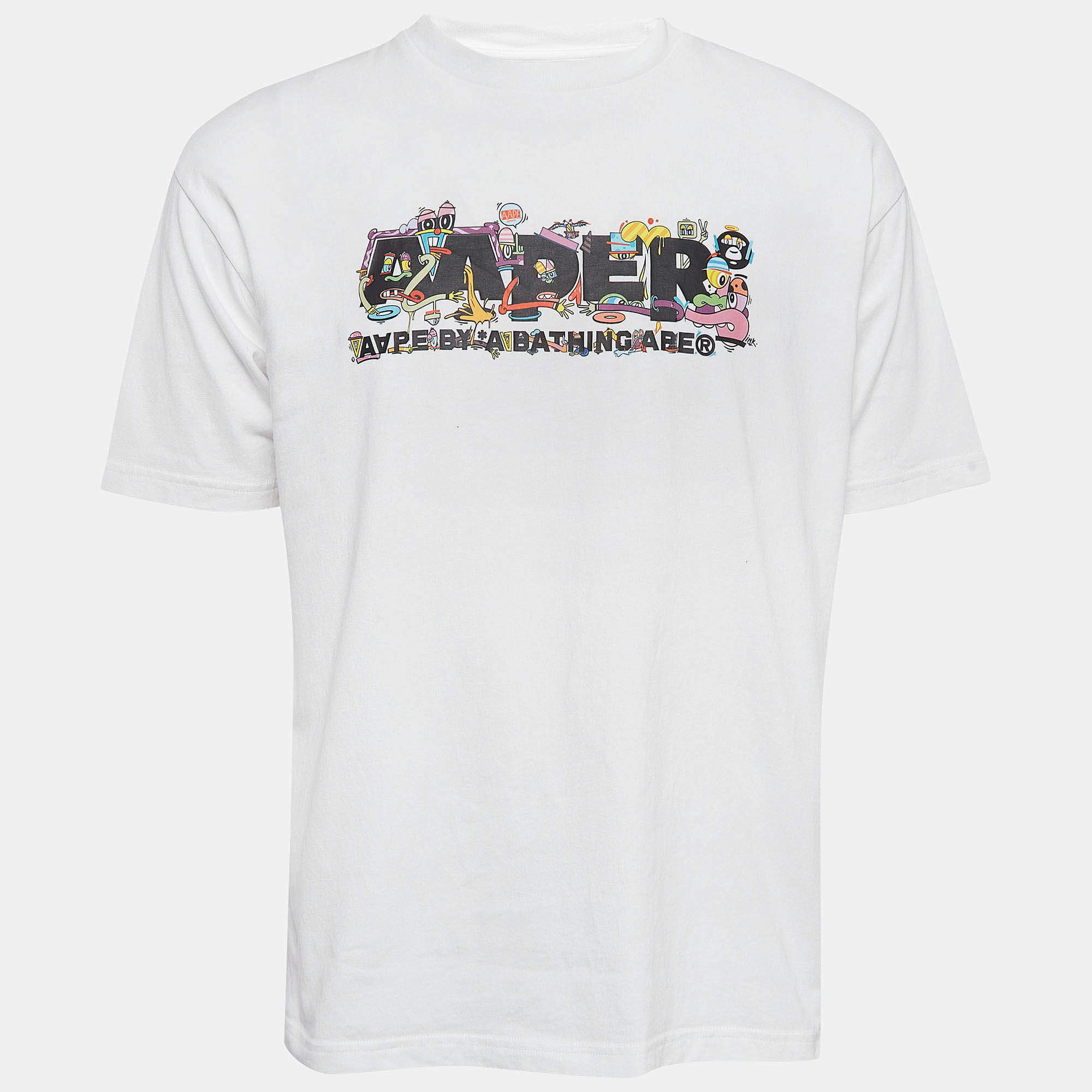 Pre Owned A Bathing Ape White Printed Knit Crew Neck T-shirt M