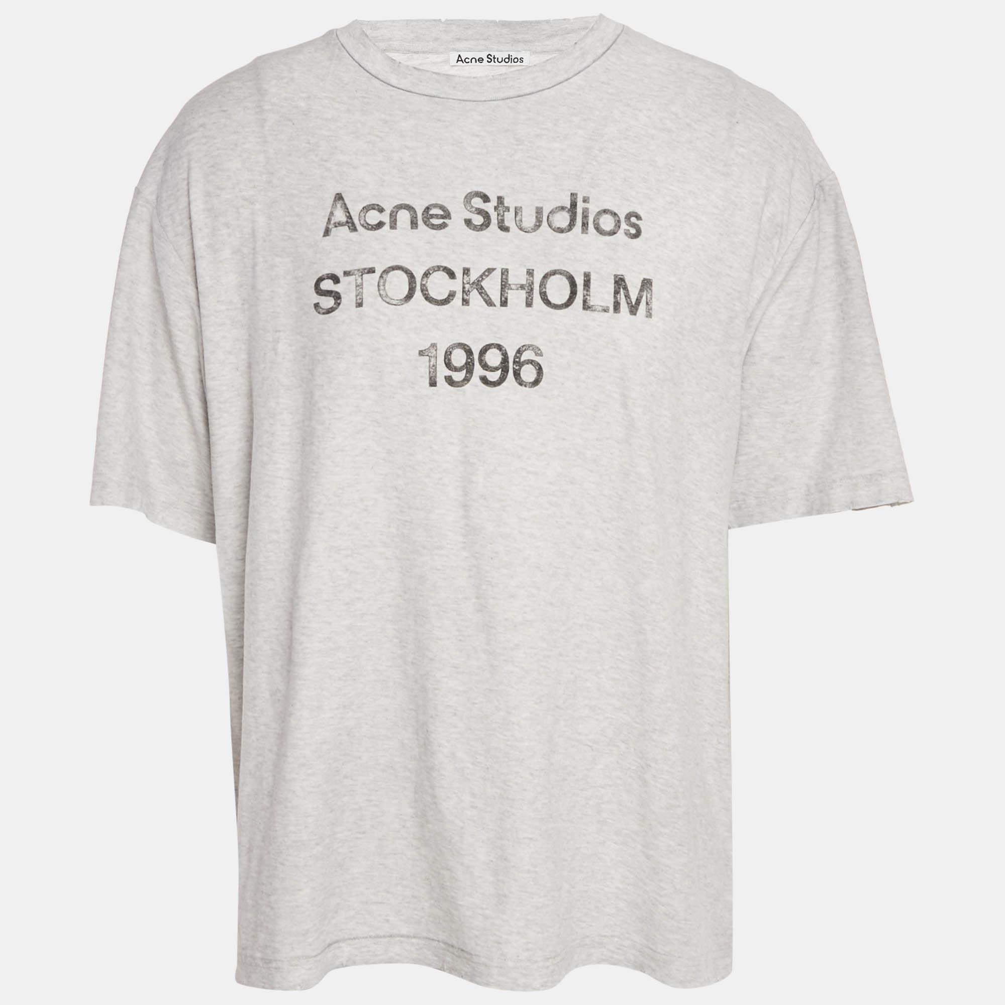 Pre Owned Acne Studios Grey Stockholm Print Jersey Distressed T-Shirt L
