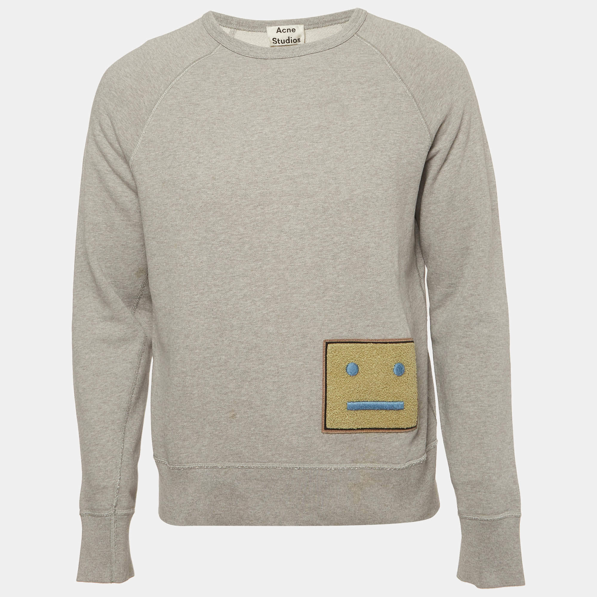 Pre Owned Acne Studios Grey Cotton Knit L Face Patch Sweatshirt S