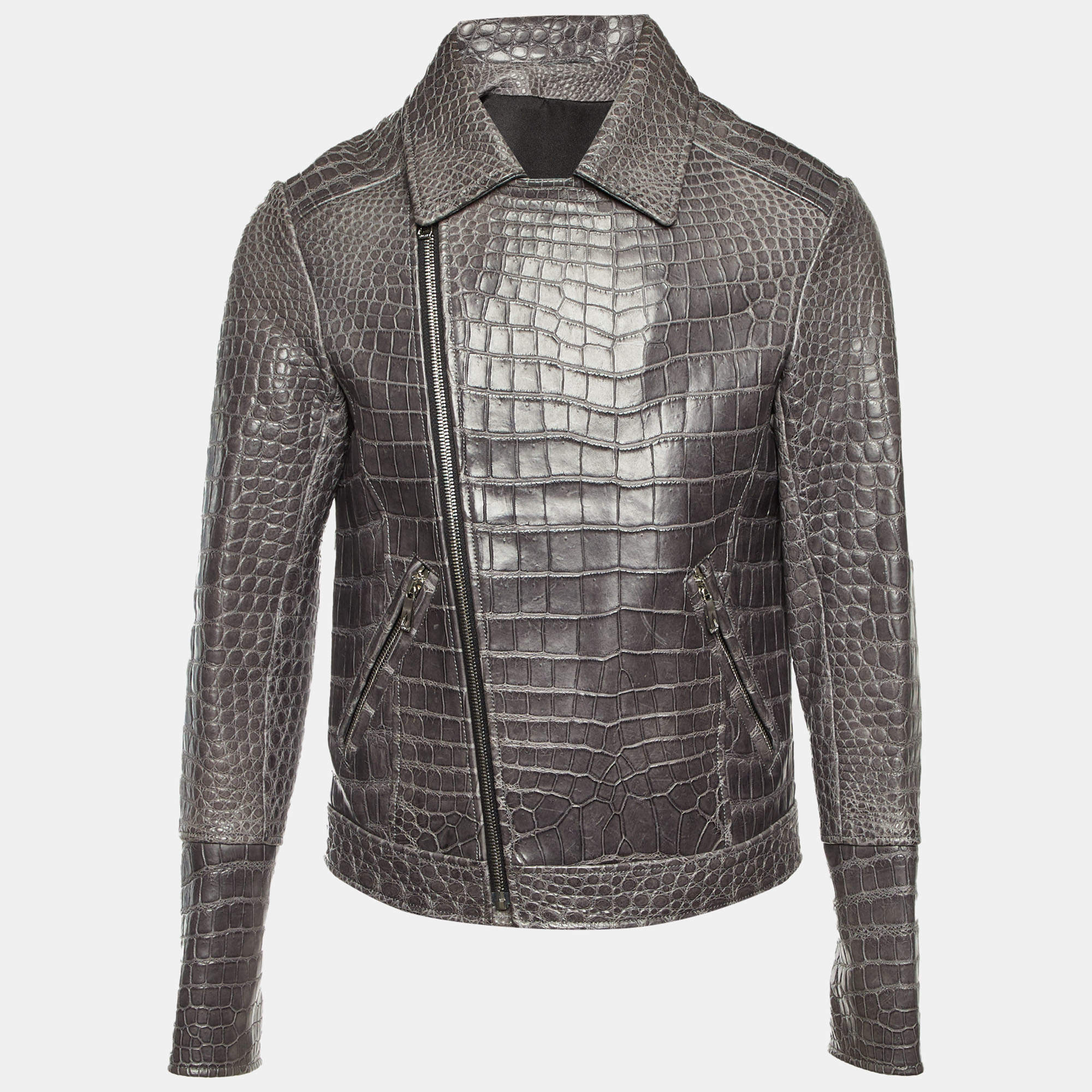 مملوكة مسبقًا Adamo Limited Edition Grey Crocodile Leather Zip Up Jacket L