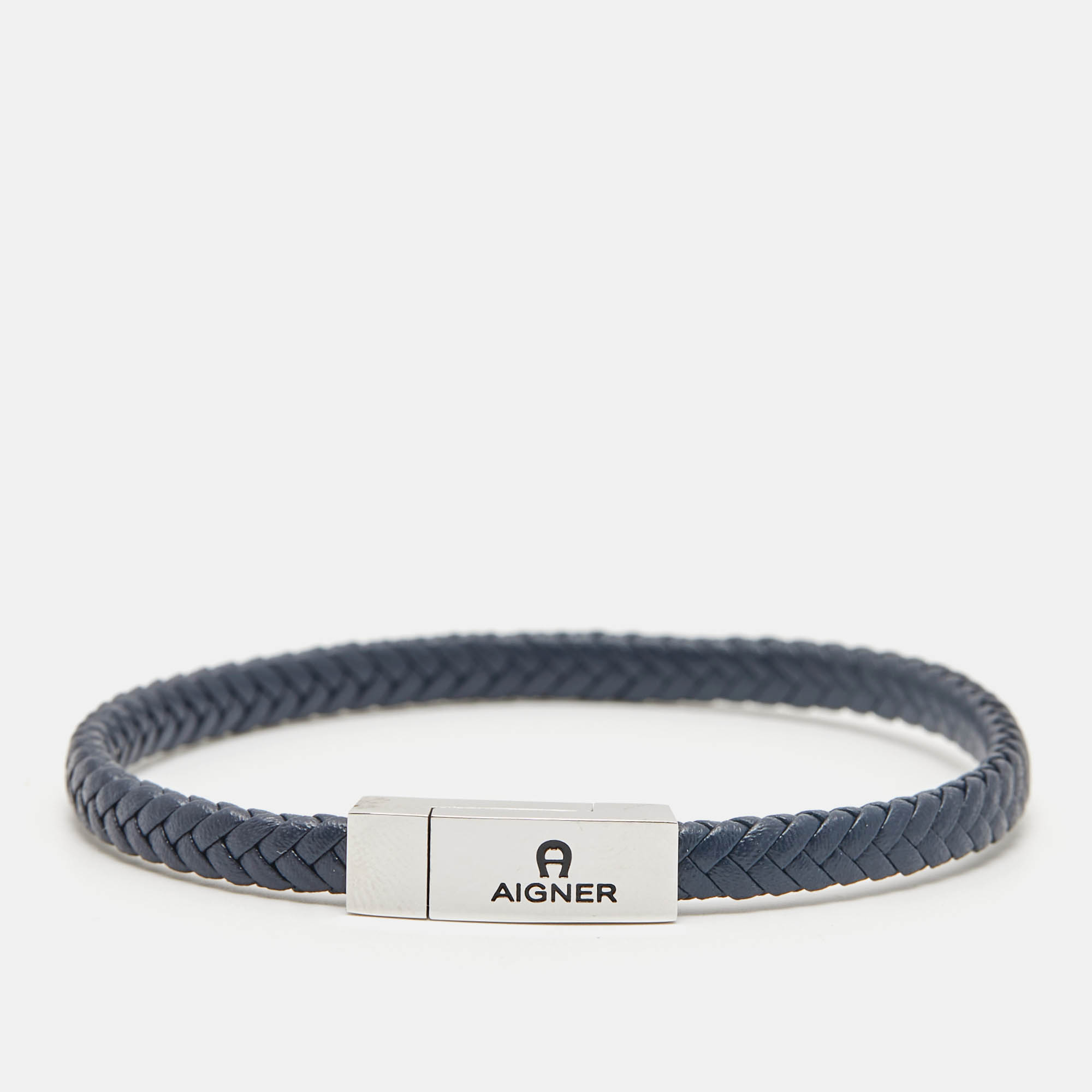 Pre Owned Aigner Leather Silver Tone Bracelet