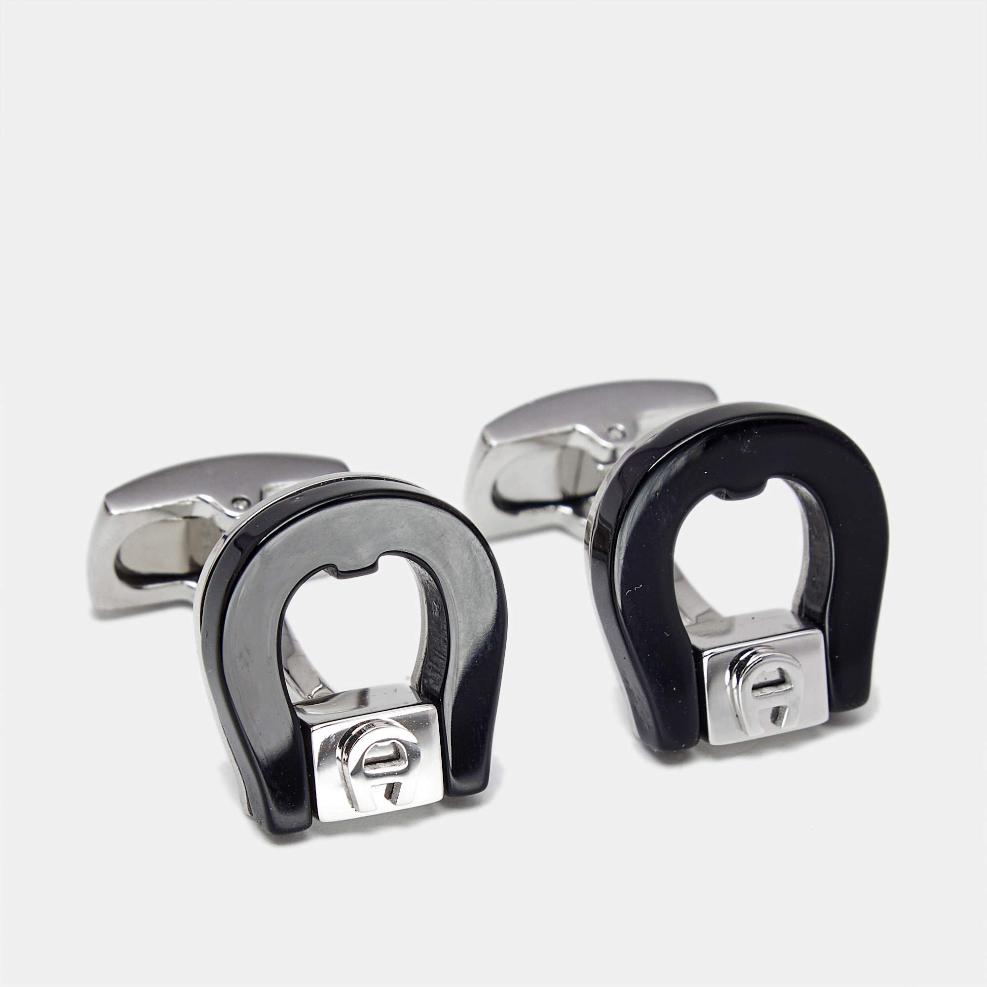 Pre Owned Aigner Logo Ceramic Silver Tone Cufflinks