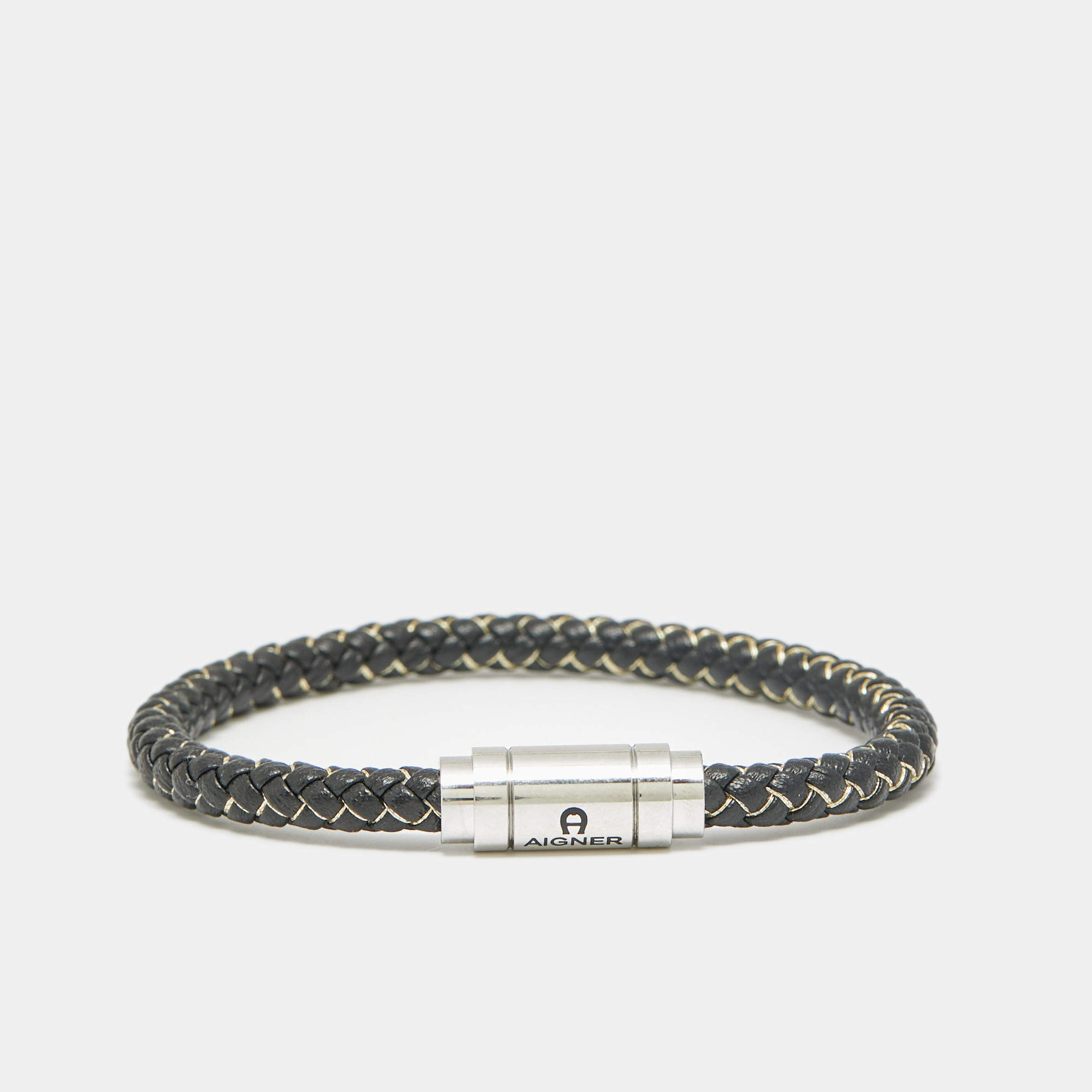 Pre Owned Aigner Leather Thread Silver Tone Bracelet