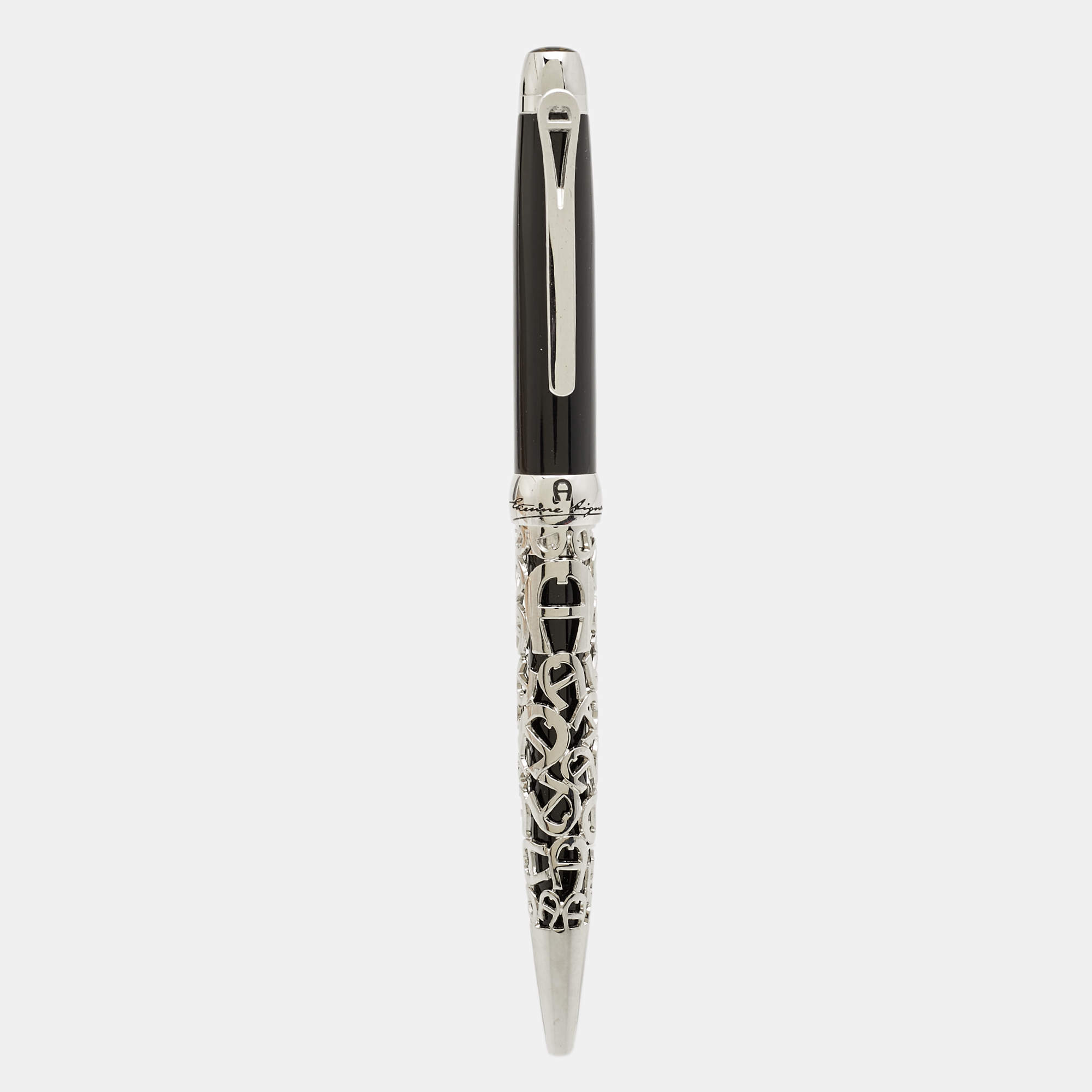 Pre Owned Aigner Logo Resin Silver Tone Ballpoint Pen