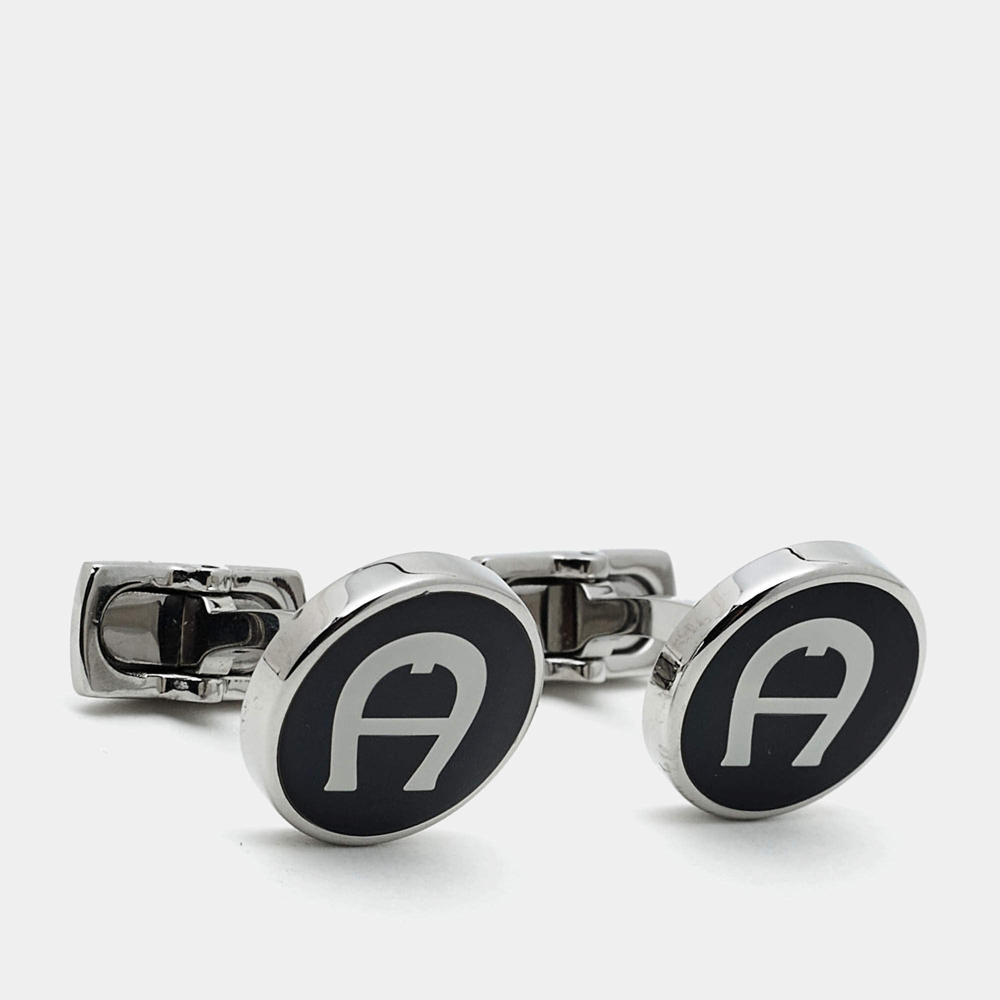 Pre Owned Aigner Logo Enamel Silver Tone Cufflinks