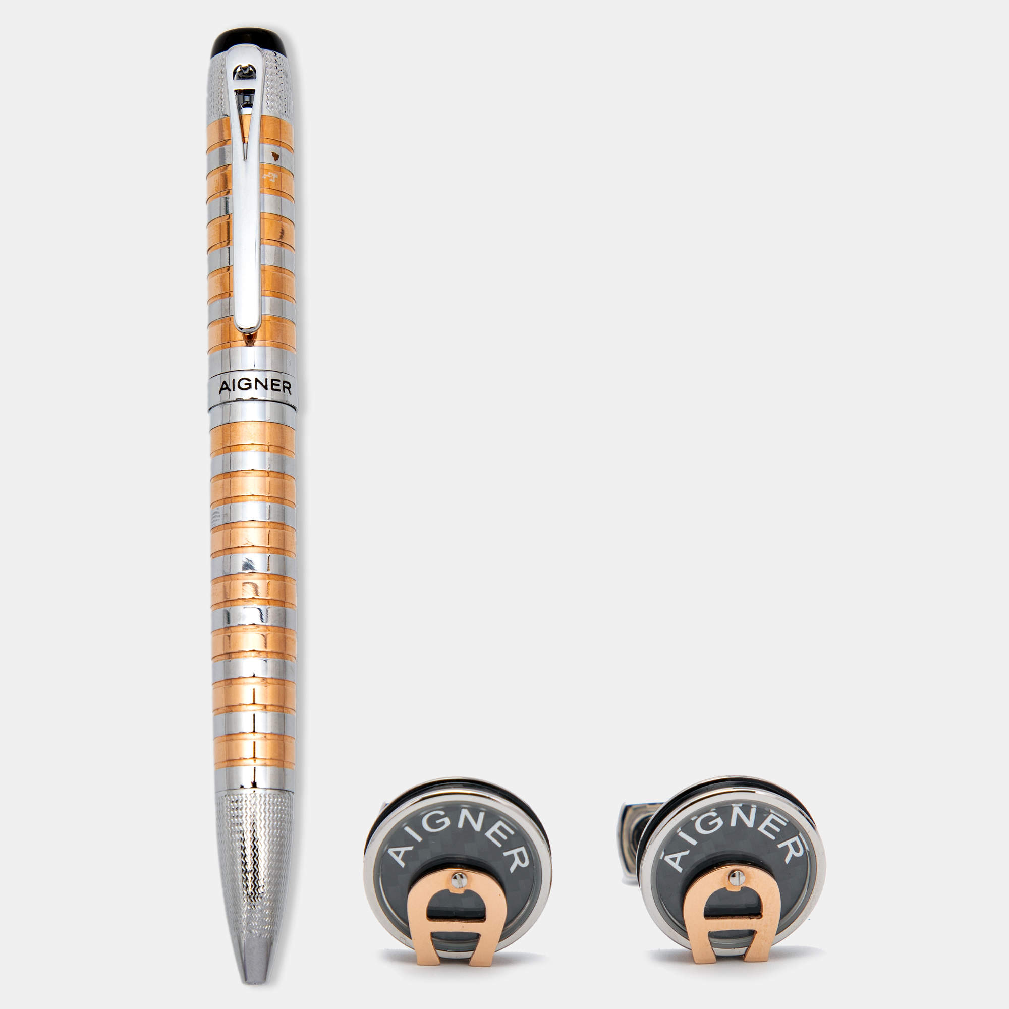 Pre Owned Aigner Two Tone Striped Ballpoint Pen, Cufflinks & Card Holder Set