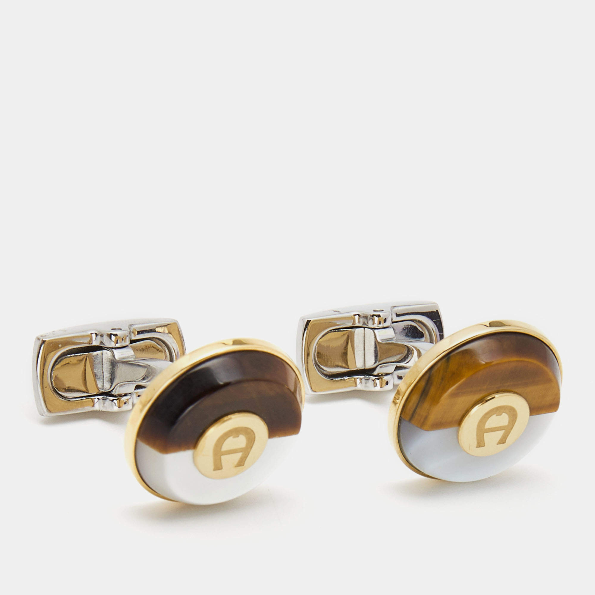 Pre Owned Aigner Tiger's Eye Mother of Pearl Two Tone Cufflinks