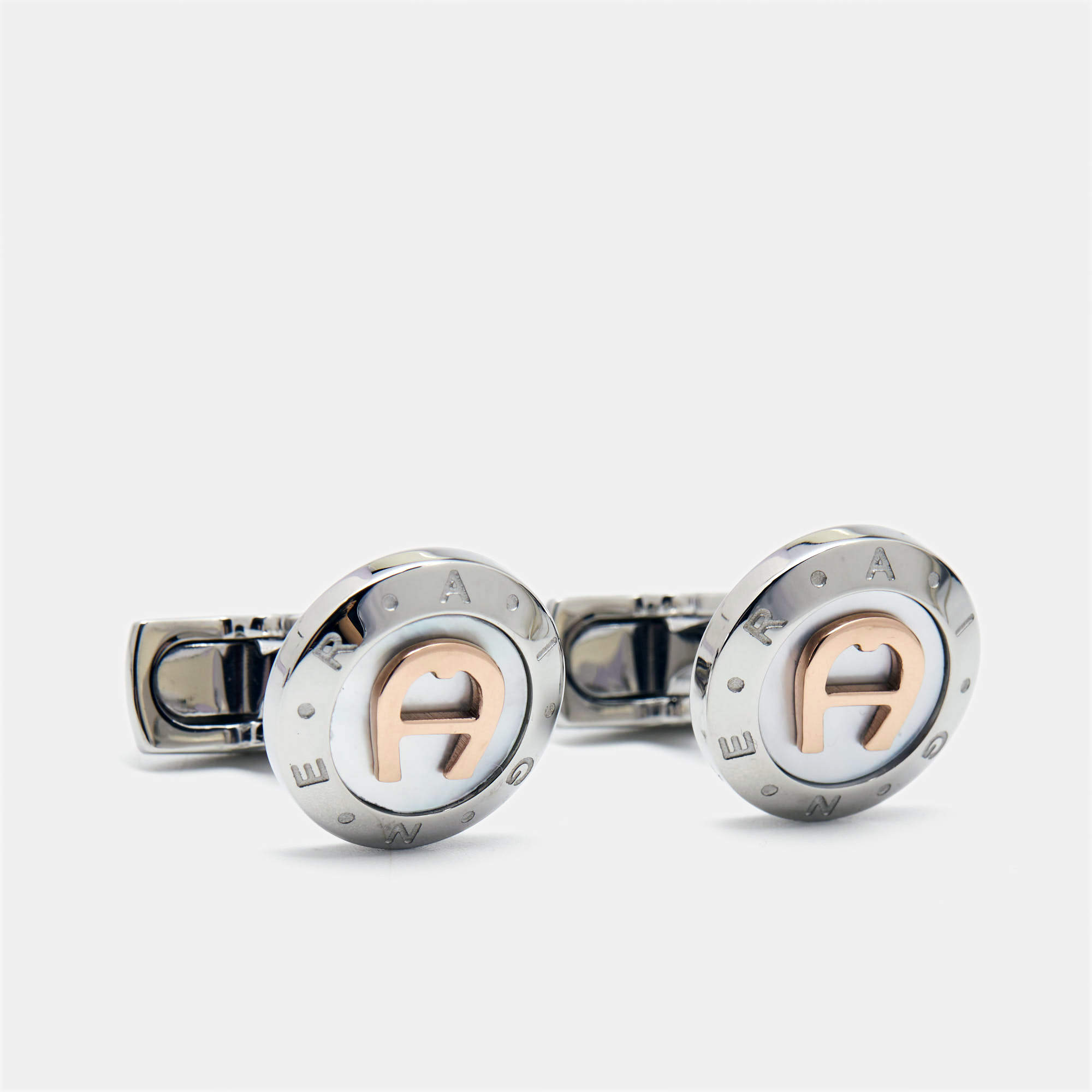 Aigner Mother of Pearl Two Tone Round Cufflinks