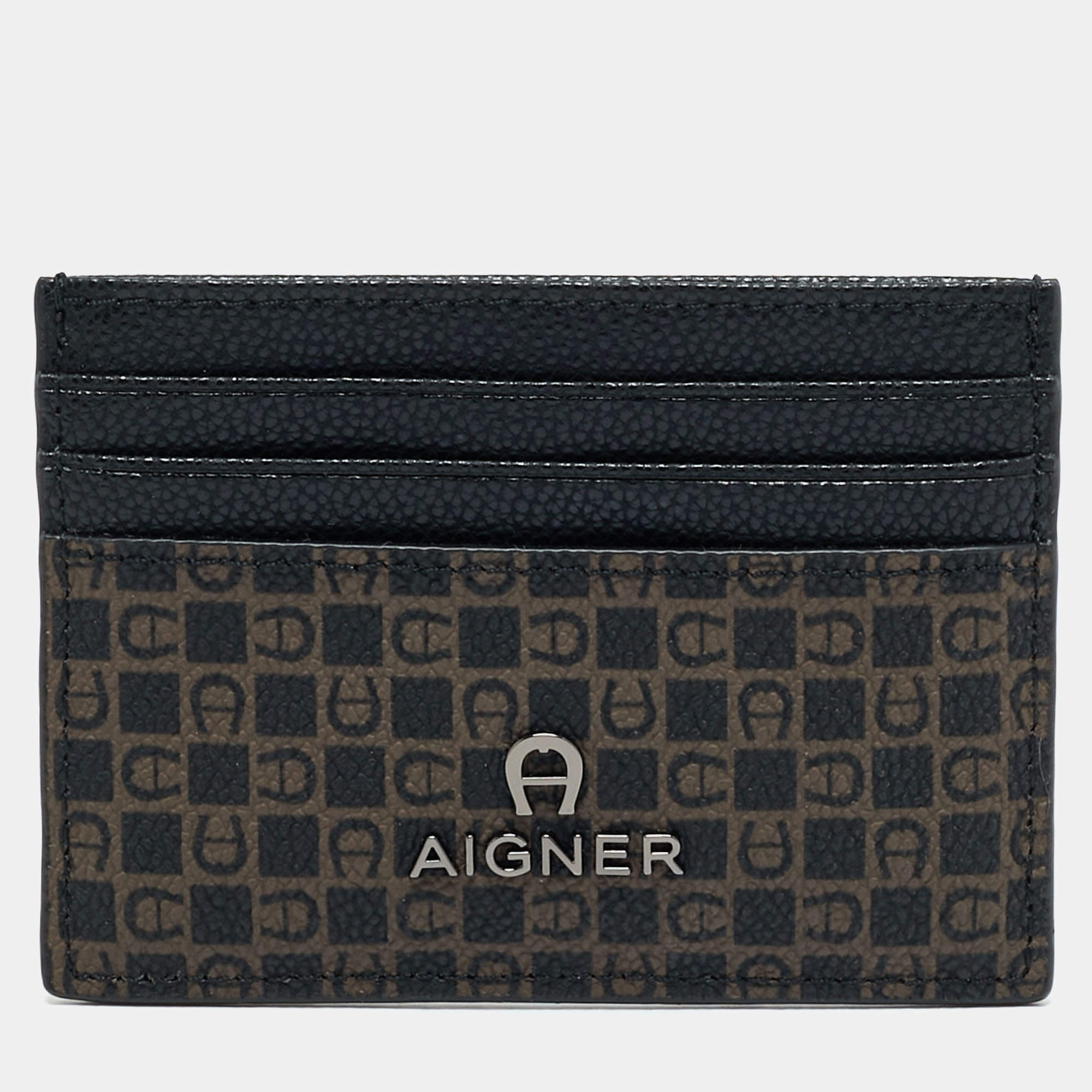 Aigner Black/Brown Monogram Coated Canvas and Leather Card Holder