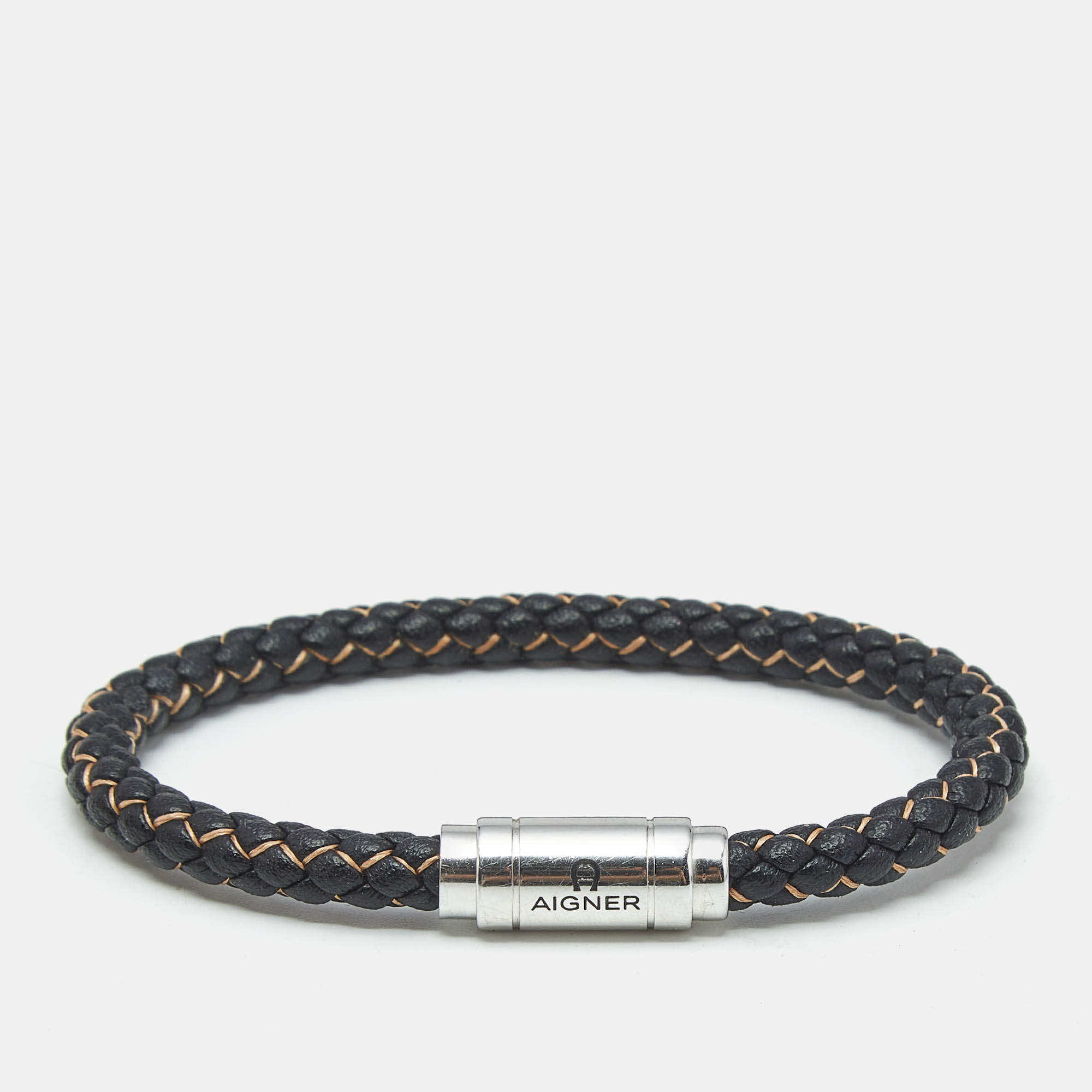 Pre Owned Aigner Braided Leather Silver Tone Bracelet