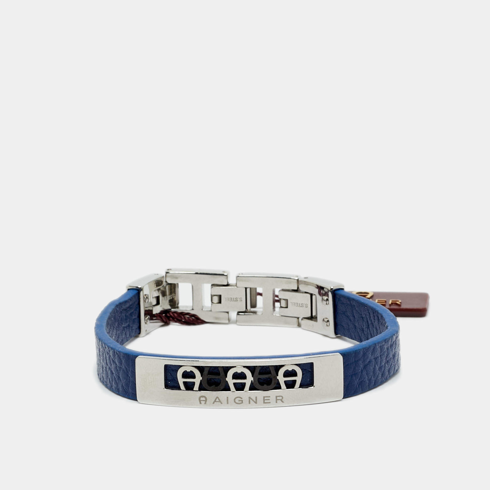 Pre Owned Aigner Logo Leather Gunmetal Tone Stainless Steel Bracelet