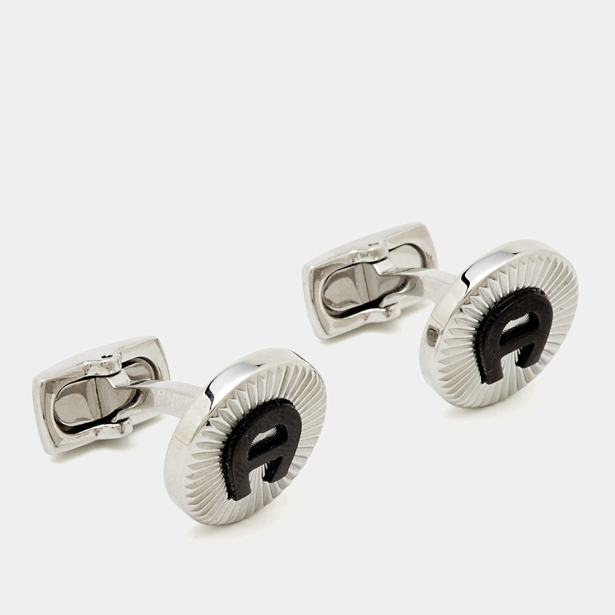 Pre Owned Aigner Logo Ceramic Silver Tone Cufflinks