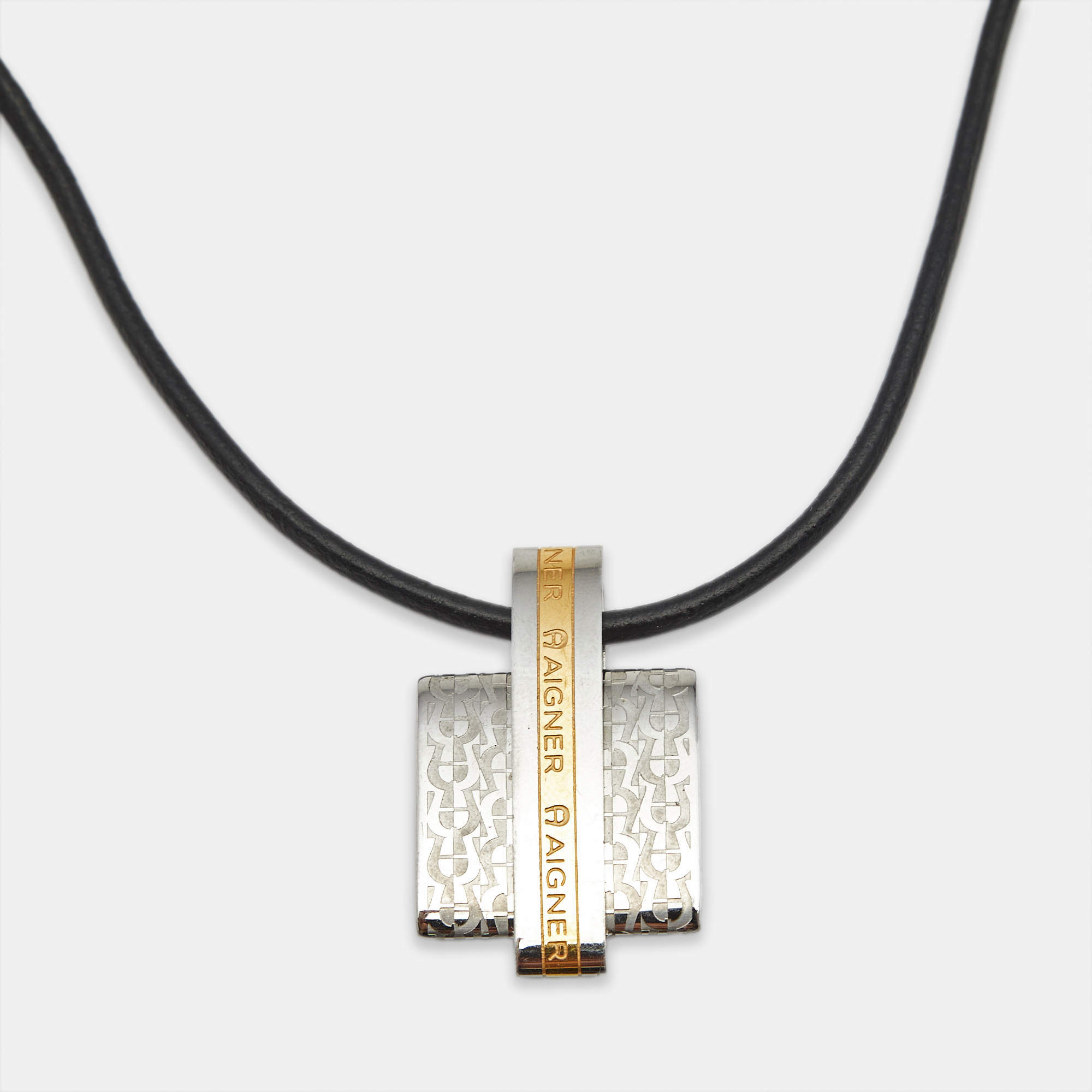 Pre Owned Aigner Logo Leather Two Tone Necklace