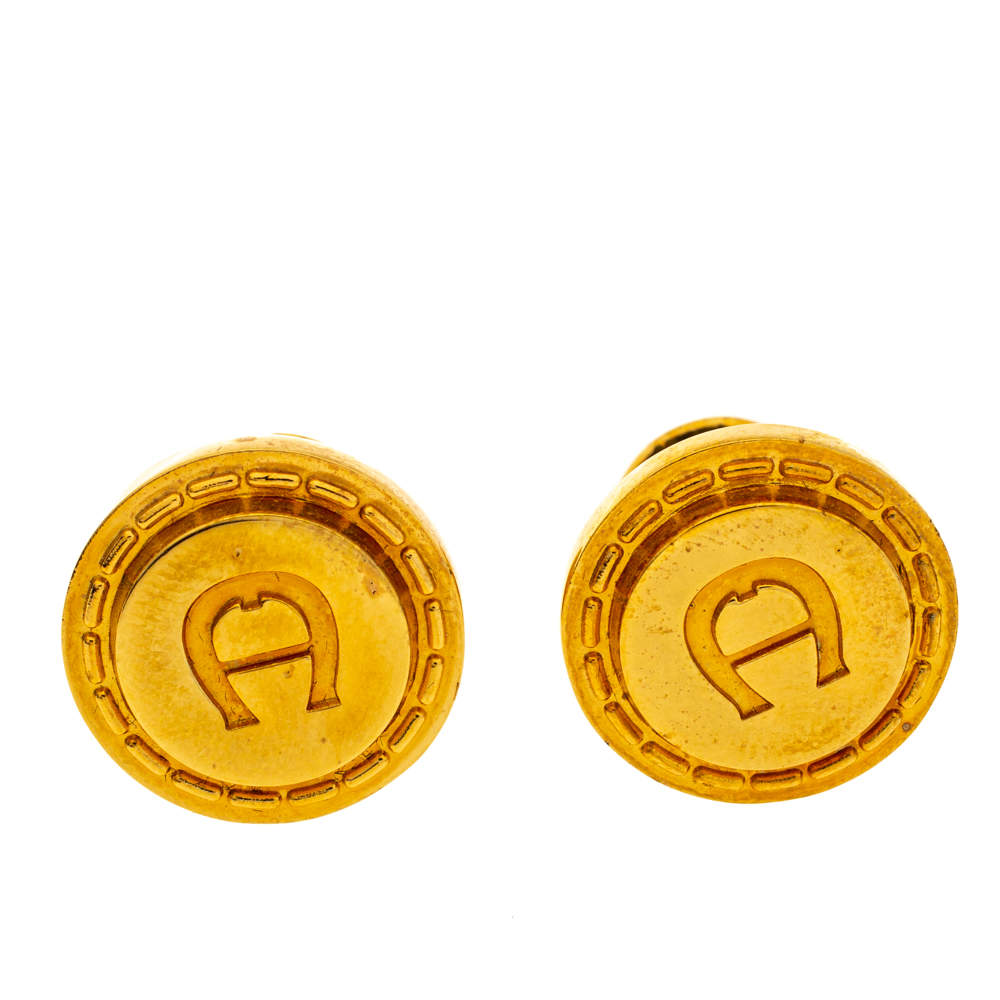 Pre Owned Aigner Logo Gold Tone Cufflinks