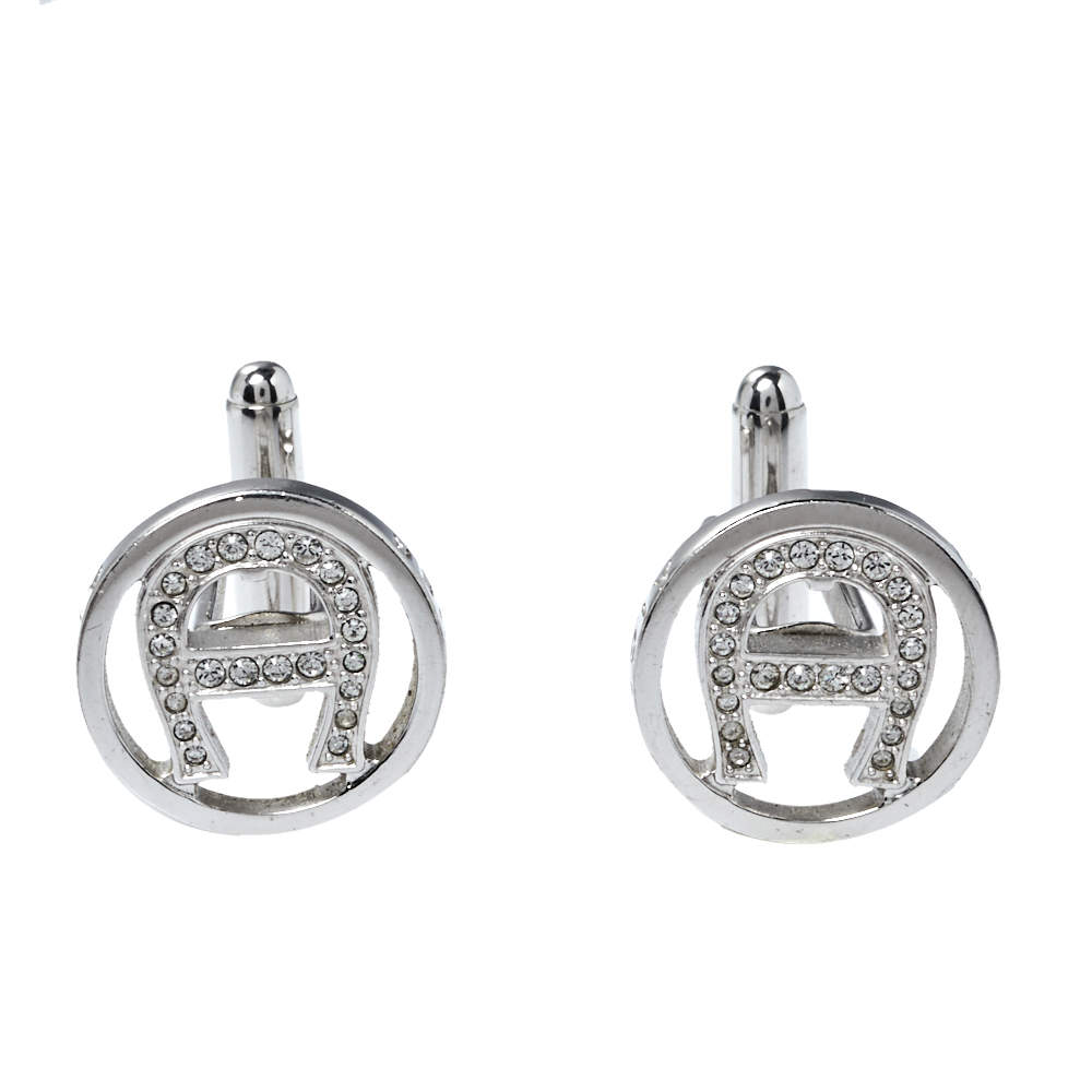 Aigner Crystal Logo Silver Tone Cufflinks