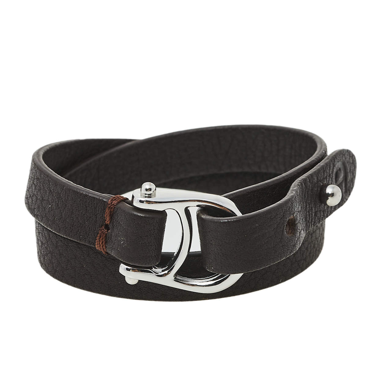 Pre Owned Aigner Dark Brown Leather Double Tour Logo Bracelet