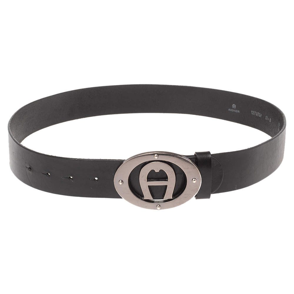 Pre Owned Aigner Black Leather Logo Buckle Belt 90CM
