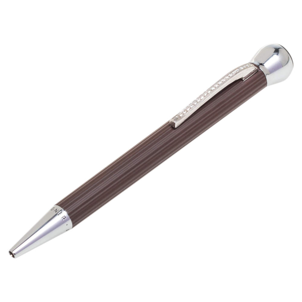 Pre Owned Aigner Brown Composite Crystal Detail Silver Tone Ballpoint Pen