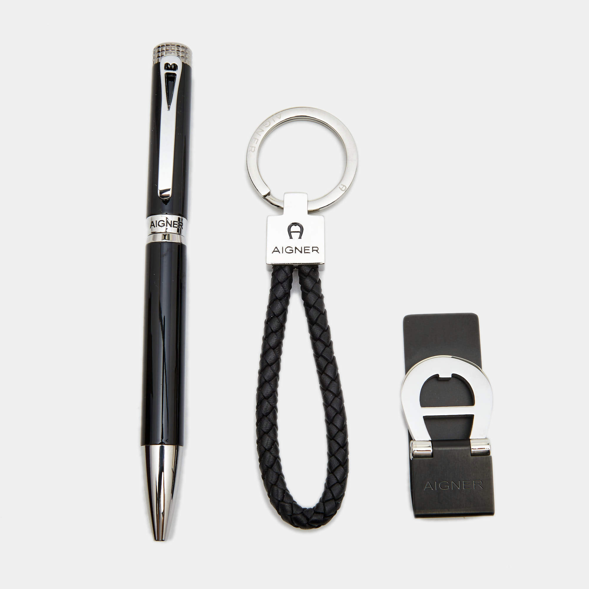 Pre Owned Aigner Black Resin Silver Tone Ballpoint Pen Money Clip Keychain Gift Set