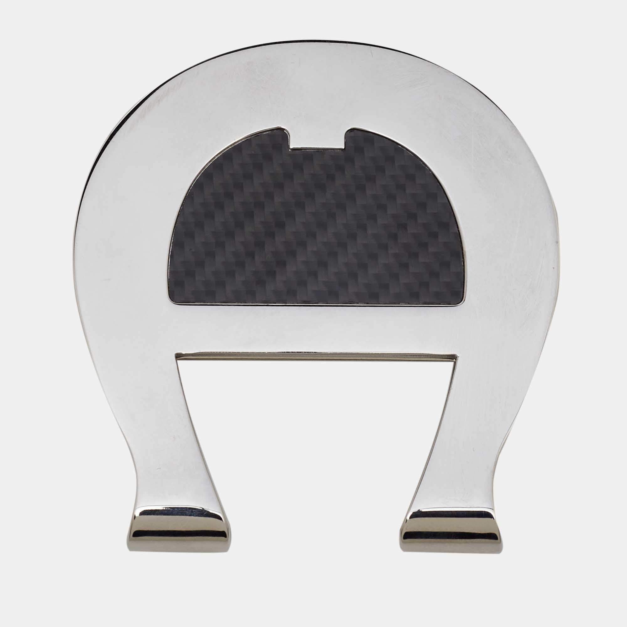 Pre Owned Aigner Silver Tone & Black Composite Logo Money Clip
