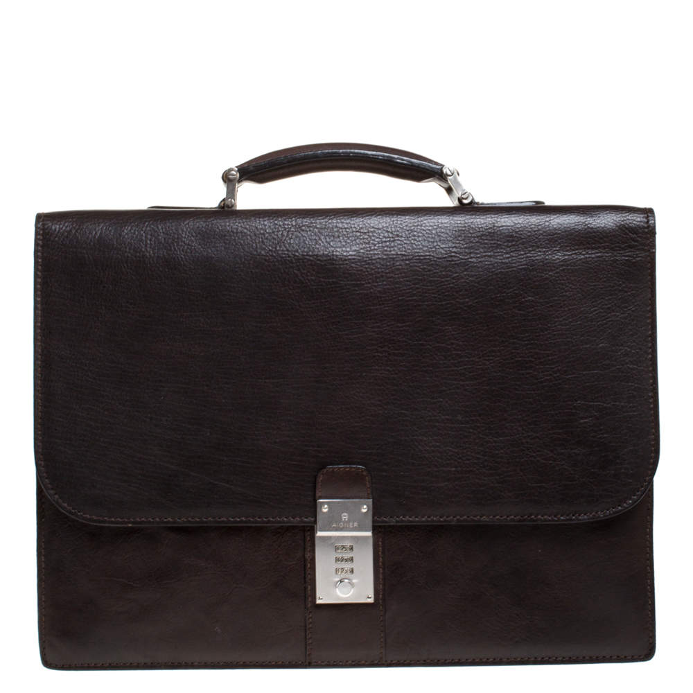 Aigner Dark Brown Leather Top Briefcase